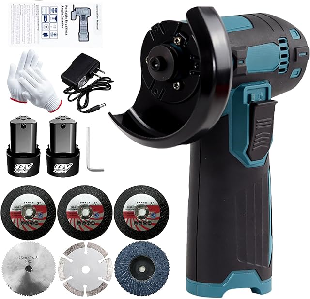 WENZI Kit de rebarbadora sem fio de 12V, disco de desbaste de 76 mm/3 polegadas, ferramenta de rebarbadora leve com 2 baterias de íon de lítio de 1300 mAh e carregador, posição ergonômica do botão par
