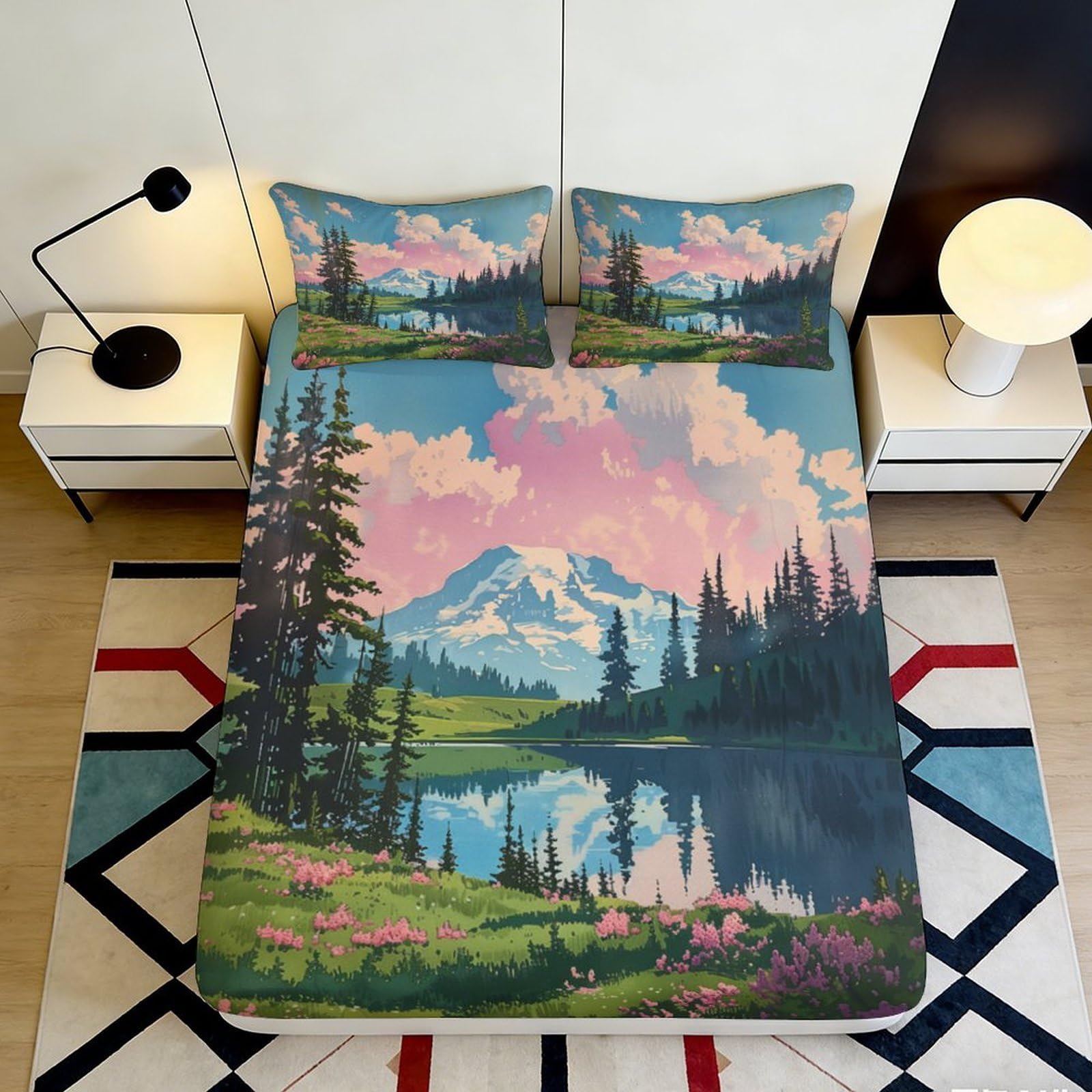 3D Printed Mountain Landscape Fitted Sheet Microfiber Soft Breathable Nature Scene Bed Cover for Bedroom Dormitory Guest Room Mattress Protection 120x200x25cm