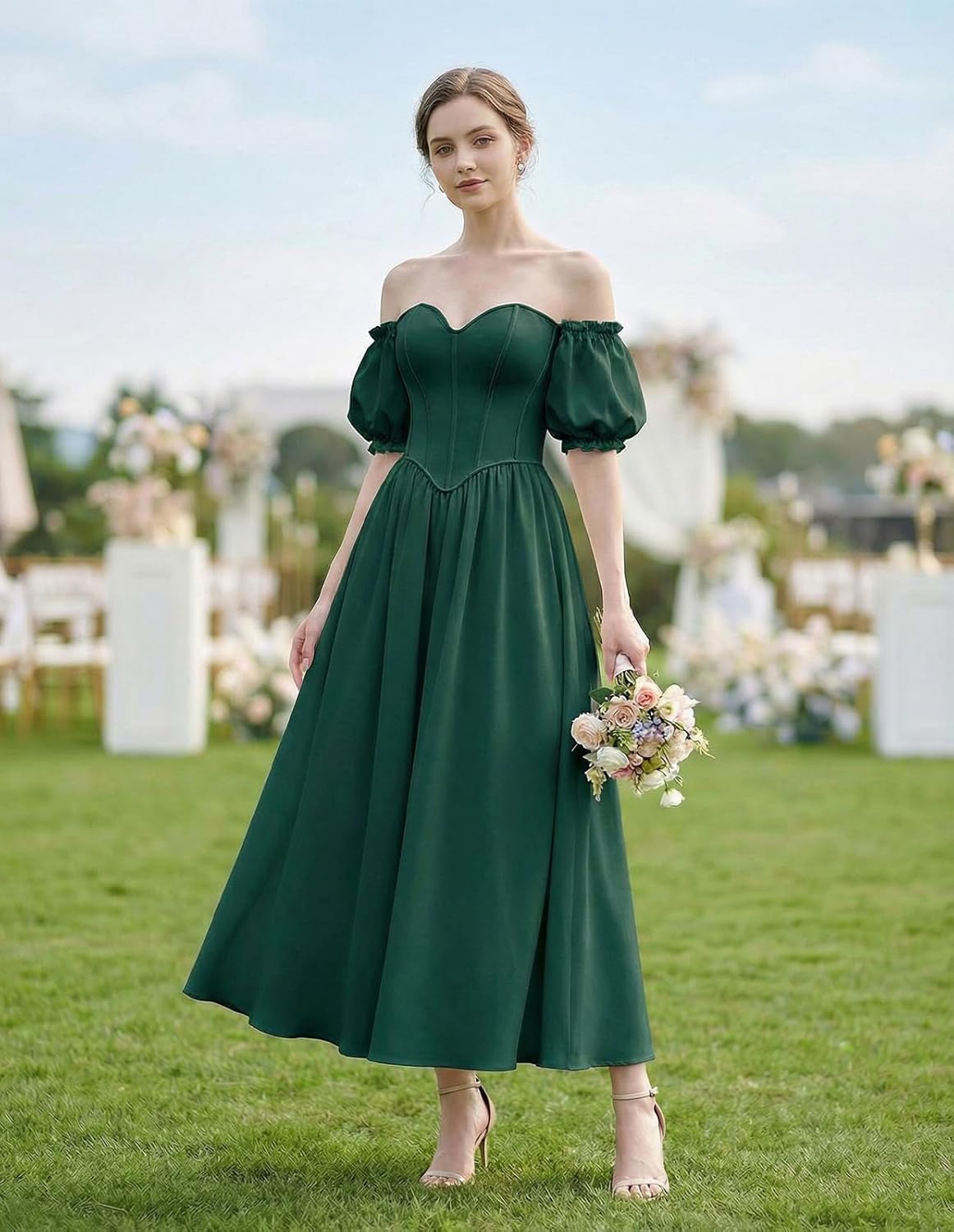 Scarlet Darkness Women Off Shoulder Corset Dress Sweetheart Fishboned Puff Sleeve Renaissance Dress
