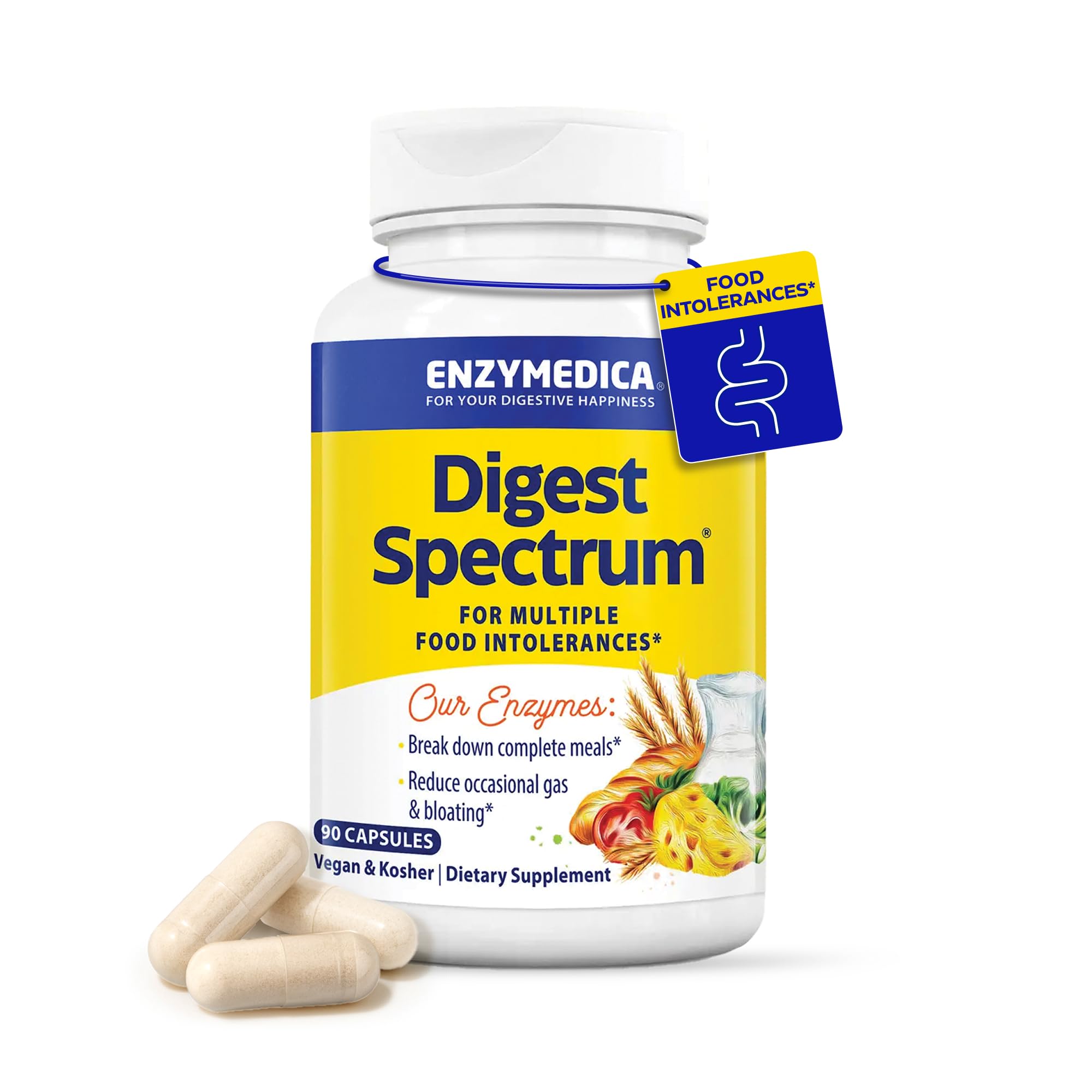 Enzymedica Digest Spectrum, Advanced Digestive Enzymes for Women and Men, Supports Digestion and Multiple Food Intolerances, Fast-Acting Formula for Gas and Bloating Relief, 90 Capsules