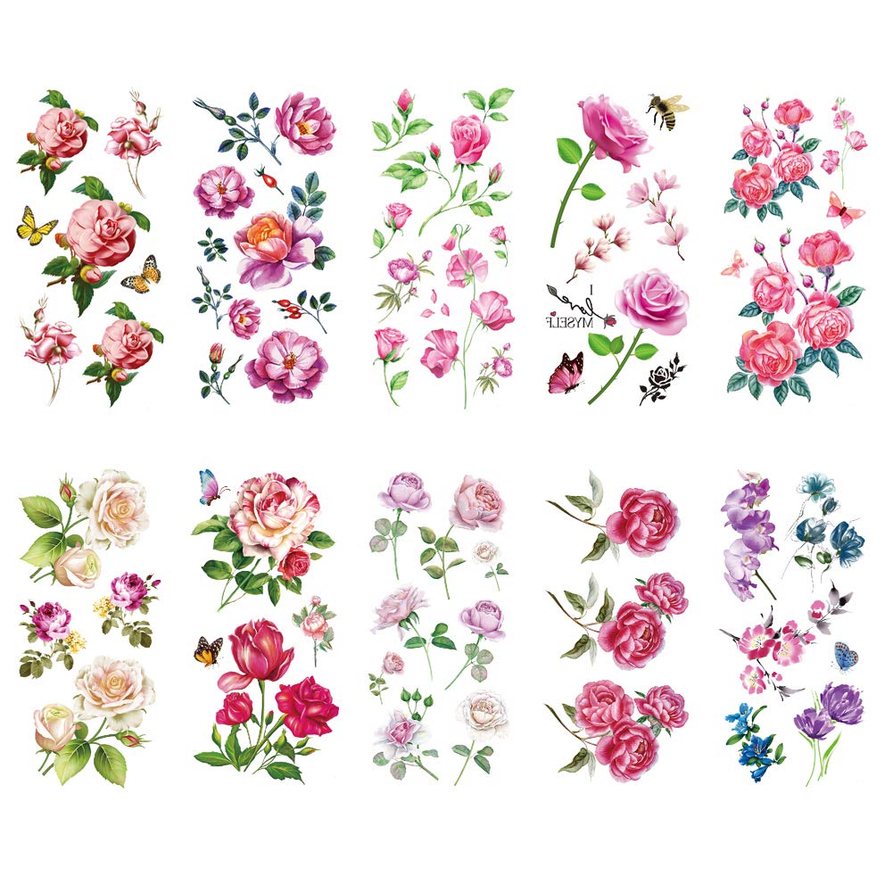 TAFLYFlower Temporary Tattoos Stickers for Women Muti-Colored Waterproof Roses Butterfly Fake Tattoo 10 Sheets