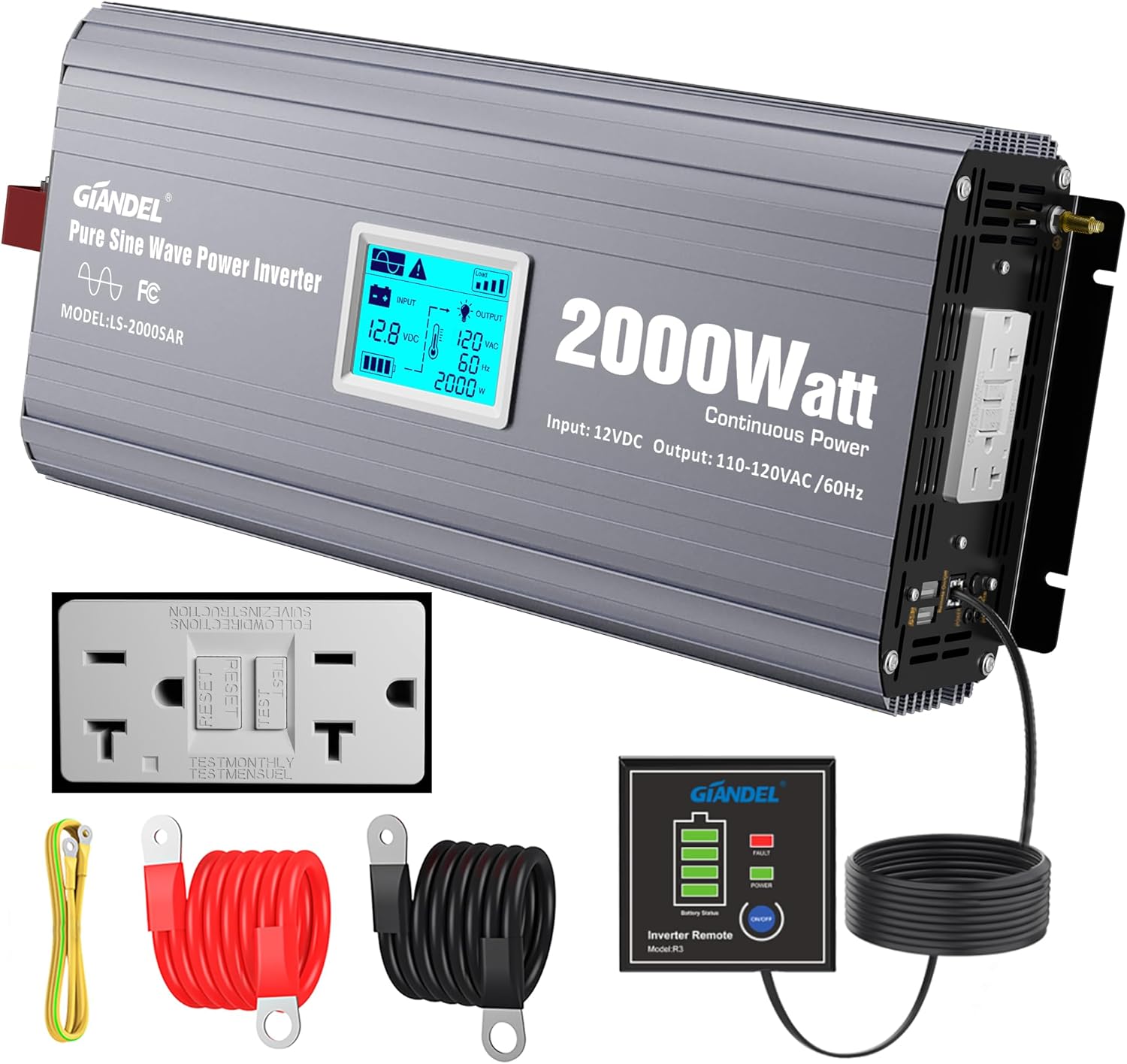 2000 Watt Inverter Pure Sine Wave with UL Listed GFCI Shops Energy Inverter 12V DC to 120V AC FCC Authorised Distant with Battery Stage Monitor for Off Grid Photo voltaic Setup RVs Campers