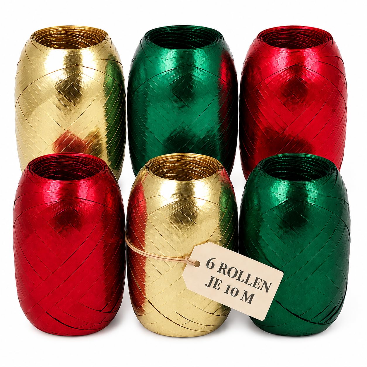 MIJOMA Set of Curling Ribbon, Poly Ribbon, Gift Ribbon, Gift Bows for Crafts and Packaging, Glossy and Matt, Assorted (6 Rolls of Gift Ribbon, 10 m each, Gold, Red, Green)