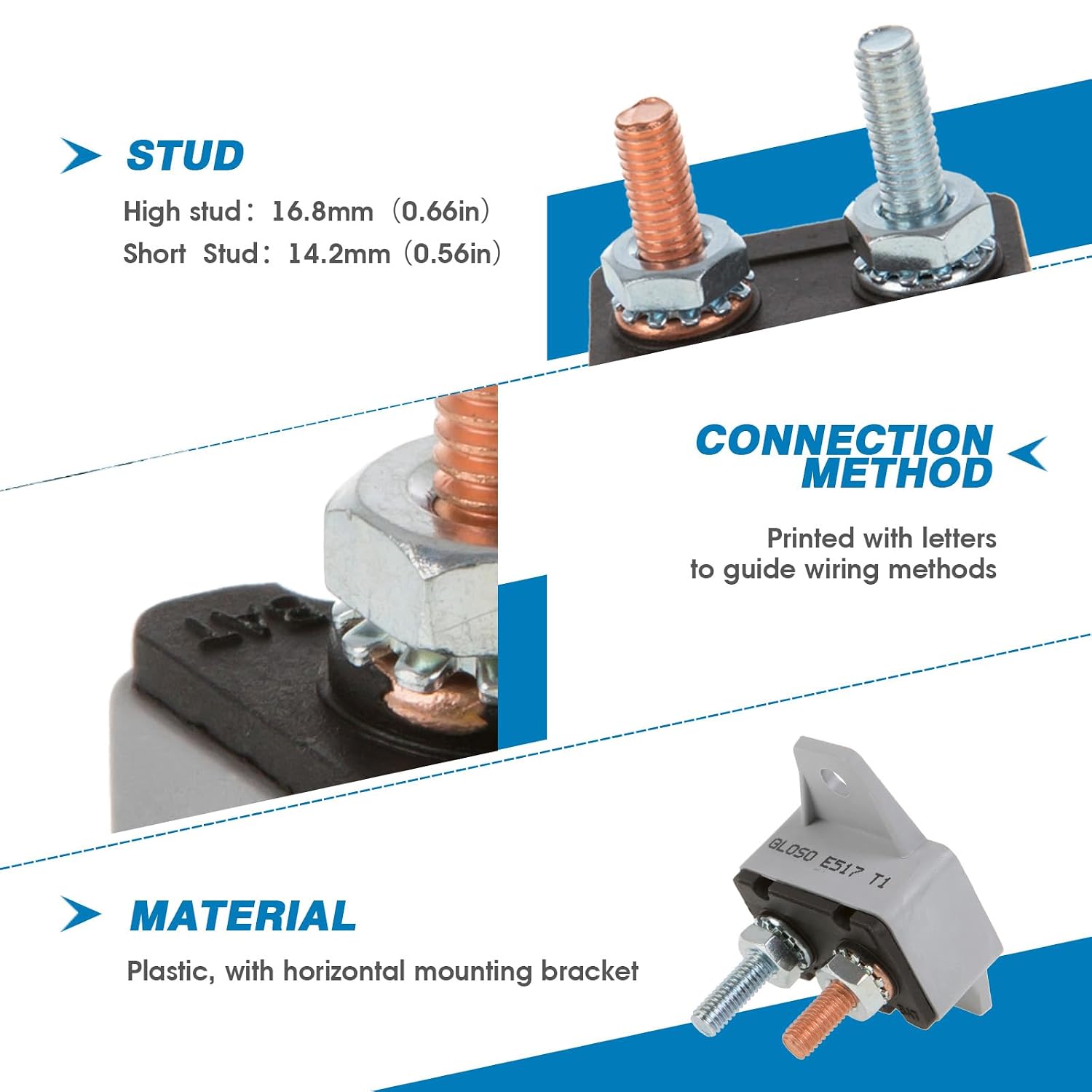 GLOSO E517 Stud Type Circuit Breakers, Crosswise Bracket, Auto Reset (T1) - 5 Pack (50A)