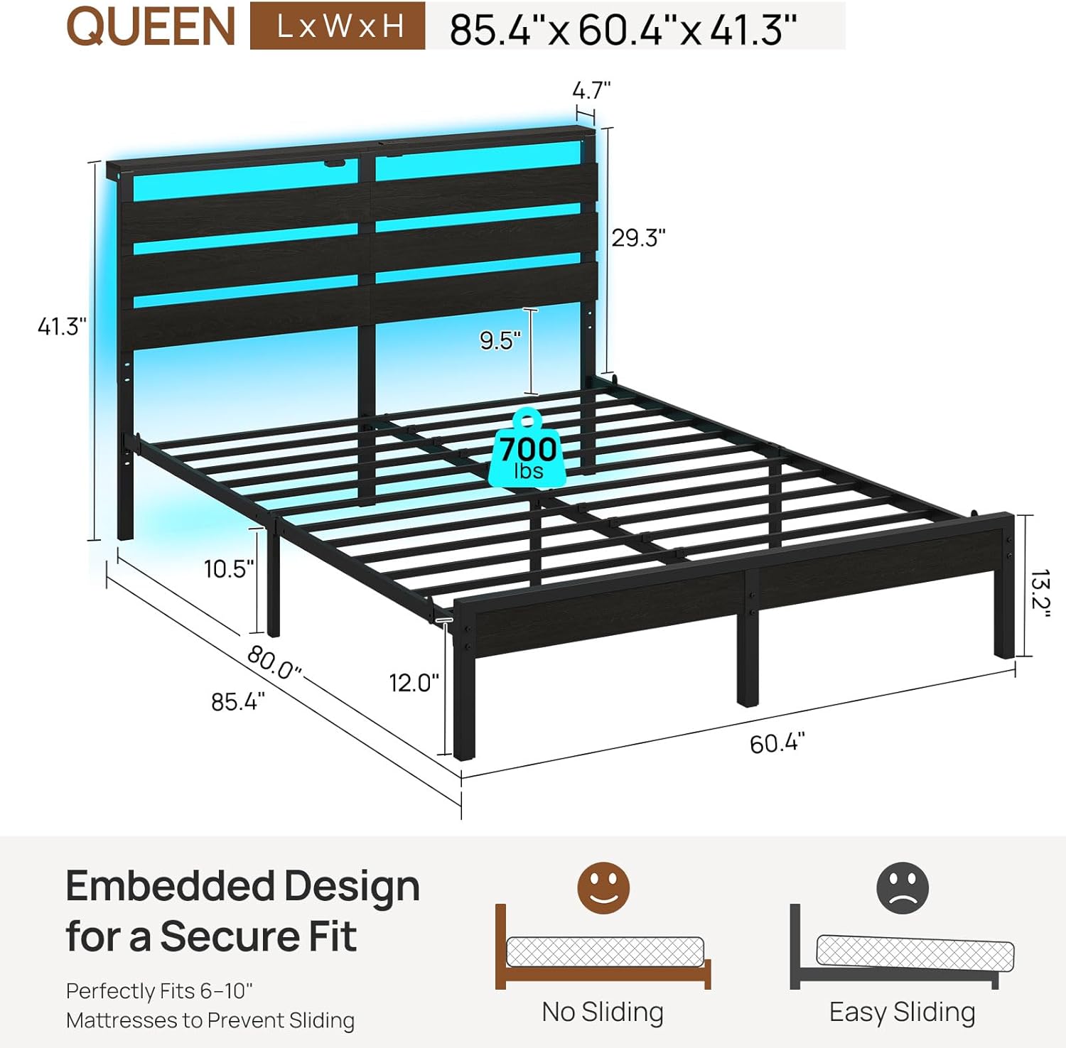 Rolanstar Queen Bed Frame with LED Lights and Charging Station, Wood Storage Headboard and Under Bed Storage, Metal Platform, Noise Free, No Box Spring Needed, Balck Oak