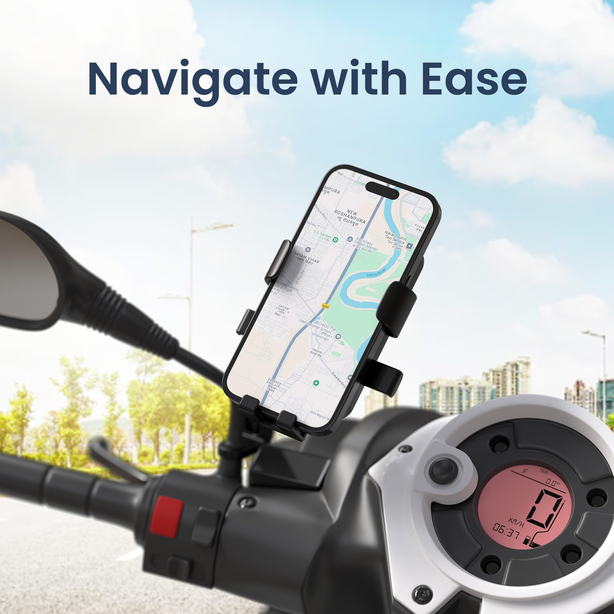 Portronics Mobike 5 Scooty/Scooter Phone Holder with Mirror Mount, 360 Degree Rotation, Strong Grip, Compatible with 4.7" to 7.2" Smartphone, Mobile Stand for Scooter, Cycle & Motorcycle (Black) — Amazon image 2