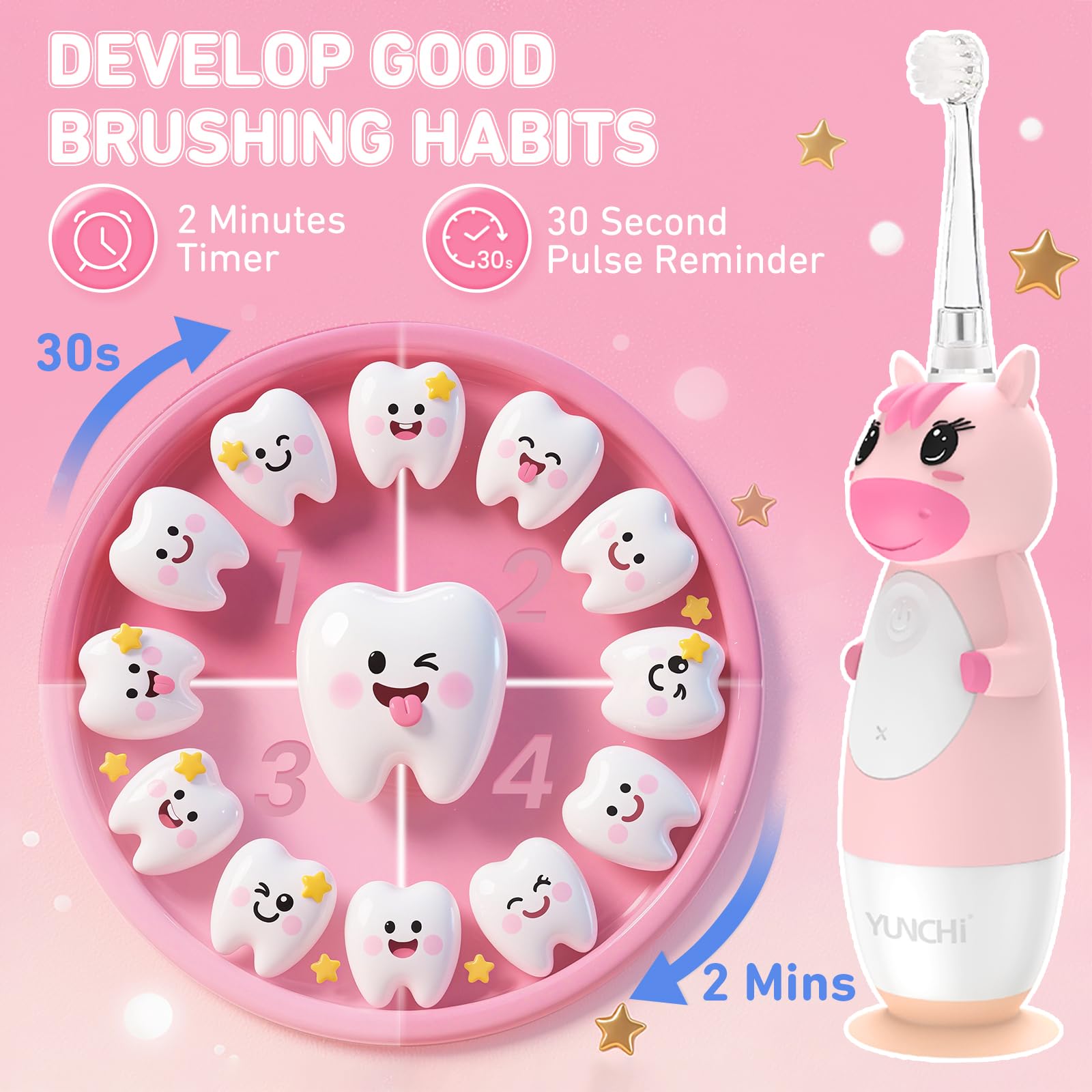 YUNCHI Spazzolino elettrico per bambini 0-3-6 anni, spazzolino elettrico per bambini con luce LED colorata, alimentato a batteria, con timer di 2 minuti, 4 testine, spazzolino da denti per neonati