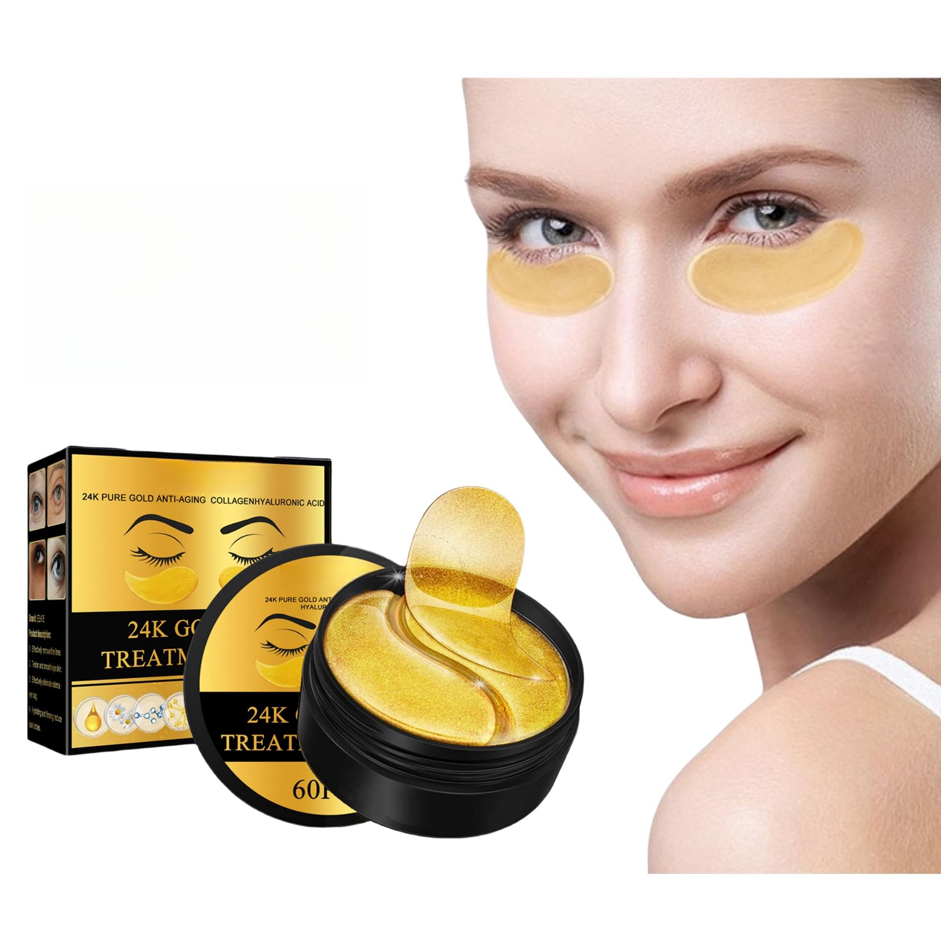 NOVOLAN 24K Gold Eye Mask 60 Pieces, Dilute Eye Bags, Firm, Hydrate, Moisturize & Lift Fine Lines At the Corners of the Eyes, Comprehensive Eye Care, Soothing & Refreshing, Improves Skin Elasticity