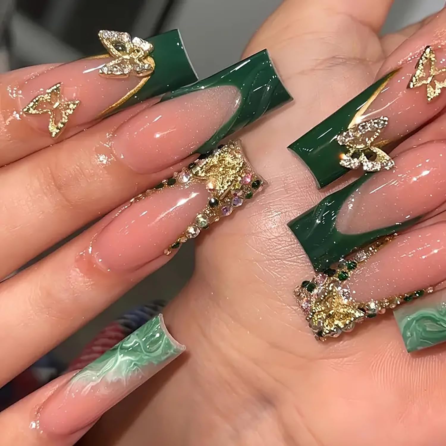 Long Square Press on Nails Green French Tip Fake Nails with 3D Gold Butterfly Designs Nude Pink False Nails Rhinestones Artificial Nails Reusable Glue