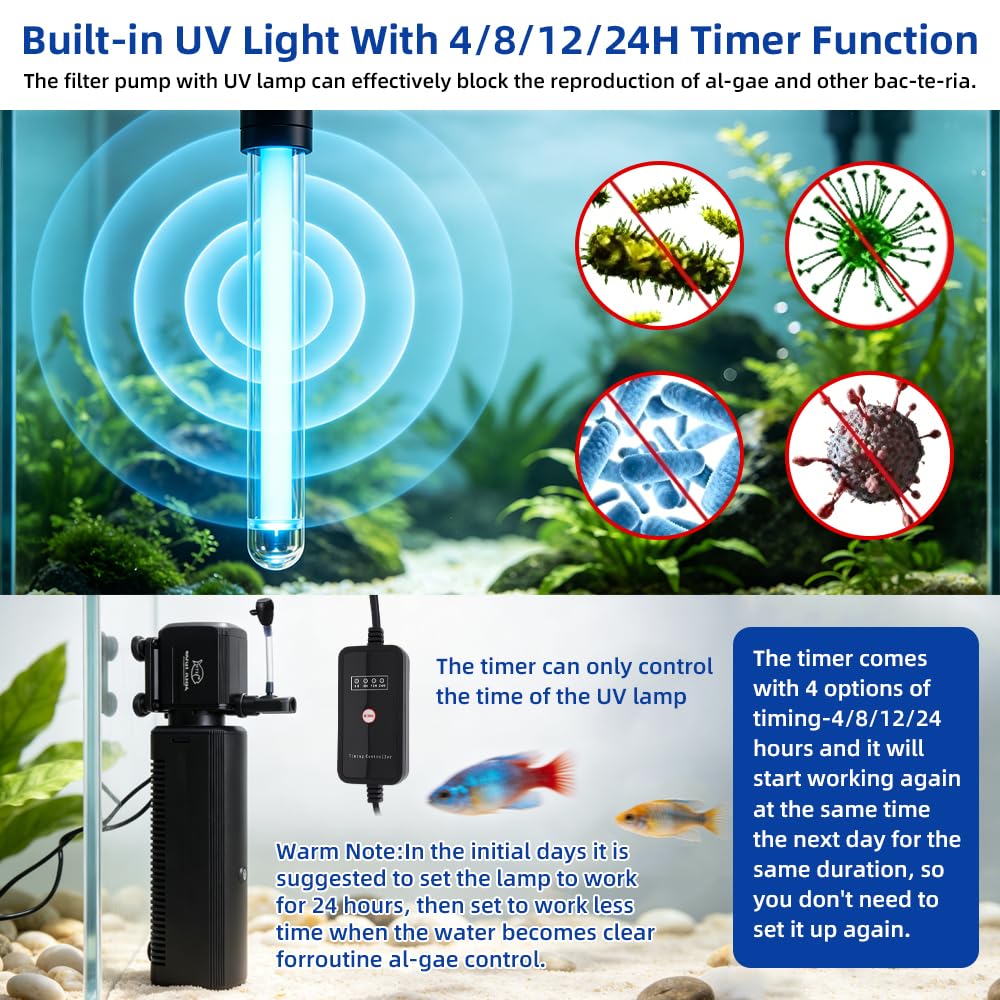 Filtro de acuario 4 en 1, filtro de luz U-V con temporizador, bomba interna de acuario con modo de bombeo de agua de lluvia de oxigenación para tanques de agua dulce y salada (12 W 1000 L/H)