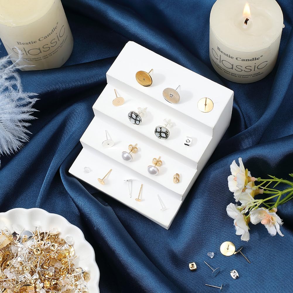 1 Box 600Pcs Pierced Earring Posts Blank Post Earring Studs with Backs Real 24K Gold Plated Silver Stainless Steel Flat Round Bezel Studs Findings Accessories for Jewelry Making DIY Crafts