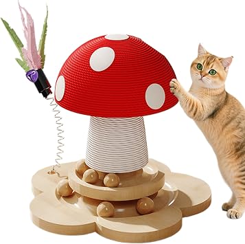 Scratching Post | Mushroom Sisal Non-Slip Interactive Tower | Cat Post Scratcher Tree with Toy | for Climbing Enrichment Exercise Kitten Indoor Wall Couch Carpet Furniture Protector