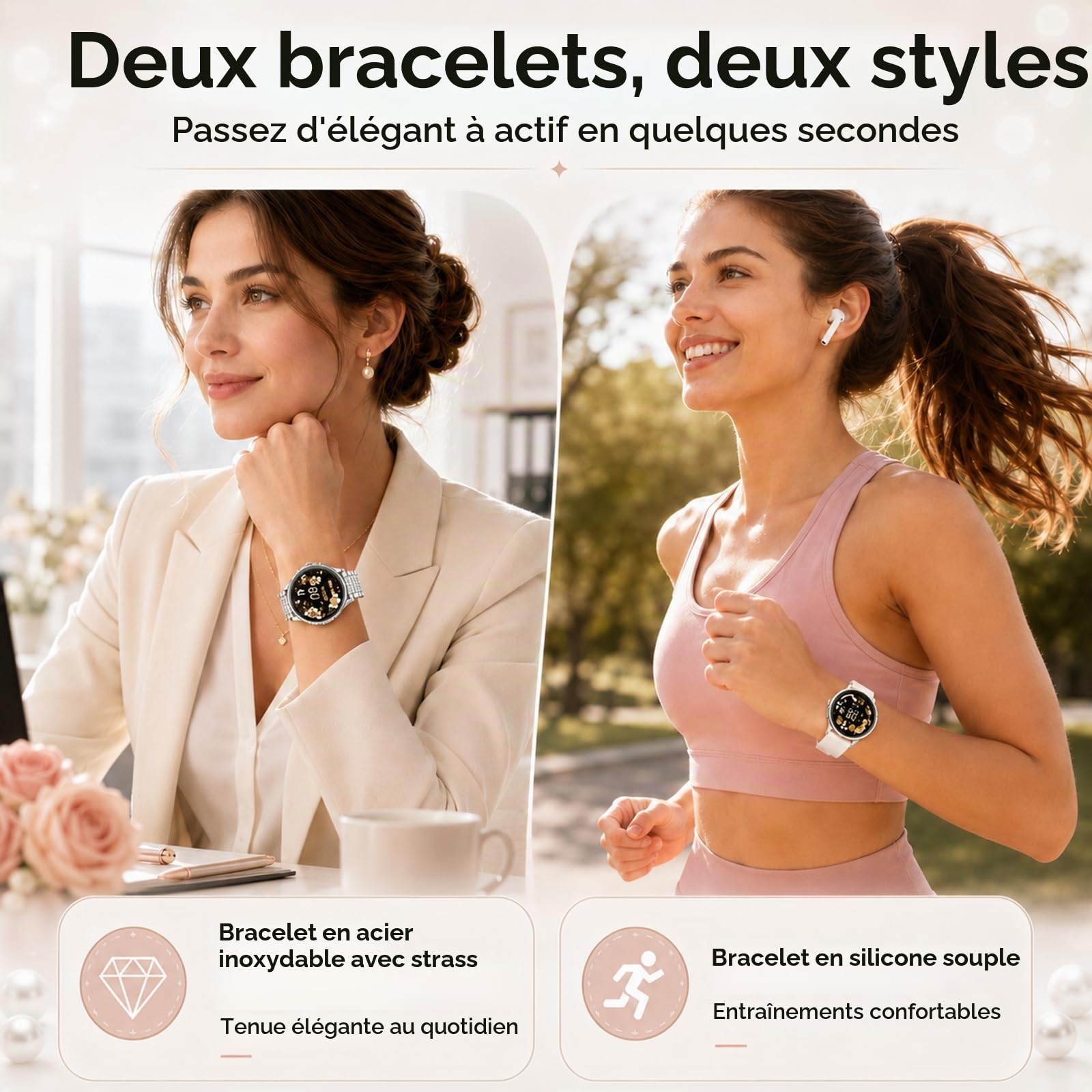 Montre Connectée Femme Ronde avec Appel Bluetooth, 1,27" Smartwatch Femme avec Bracelet en Acier avec Strass, SpO2 Fréquence Cardiaque Sommeil, 120+ Modes Sport, Étanche IP68 pour Android iOS, Argent