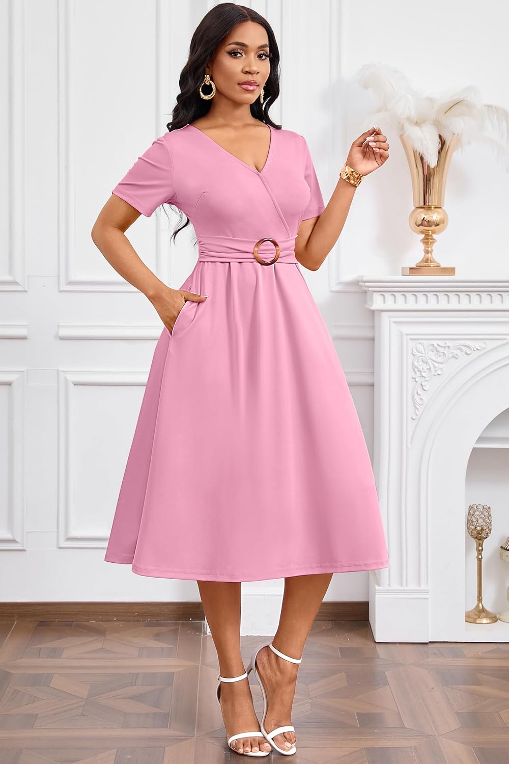 Nmoder Elegant Wrap Dresses for Women, Casual A-Line V Neck Short Sleeve Midi Dresses with Pockets & Belt Buckle - Image 6