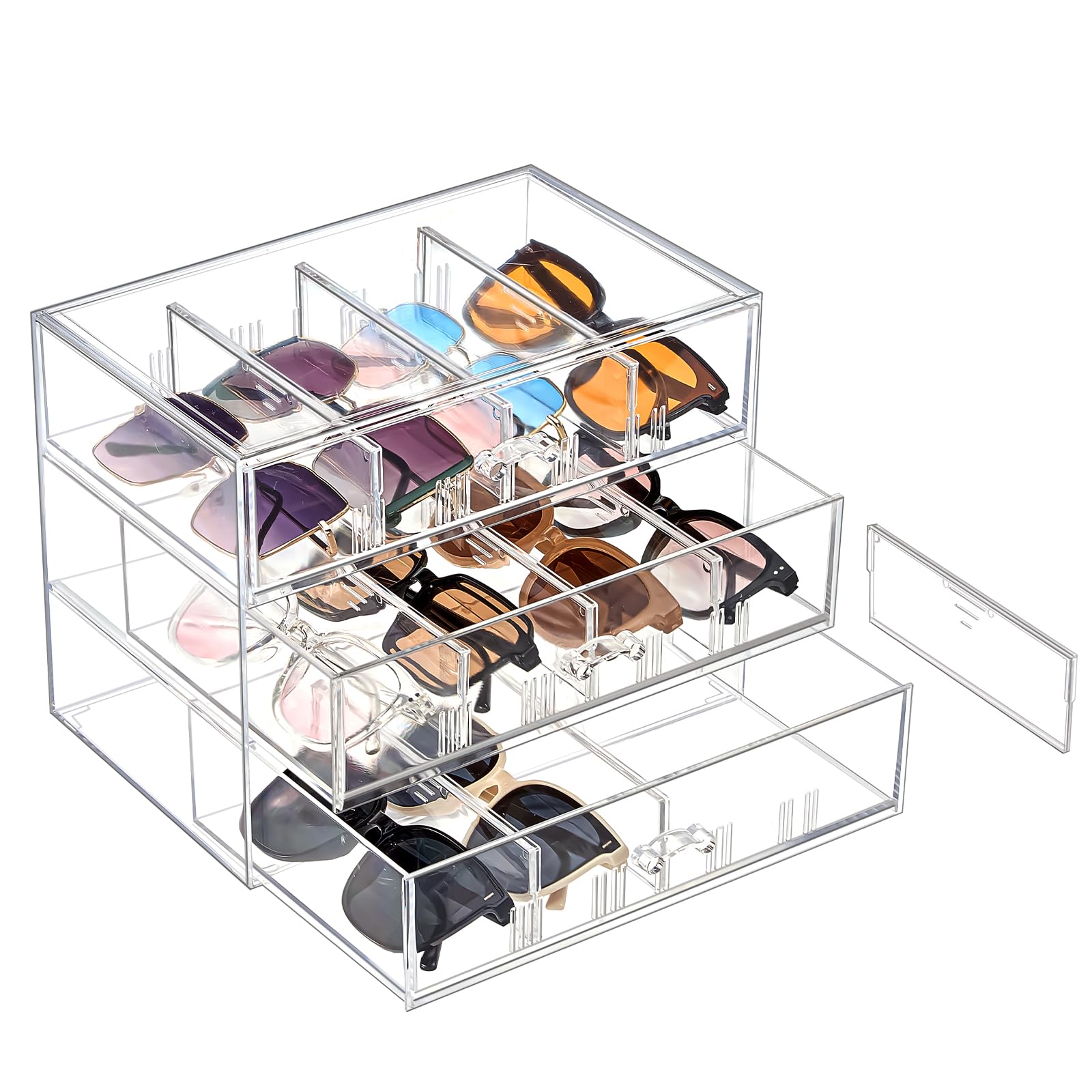 Lolalet Caja para Gafas de Sol, Estuche de 3 Pisos Organizador de Acrílico Transparente Almacenaje para Lentes Gafas de Sol -Claro, 1pcs