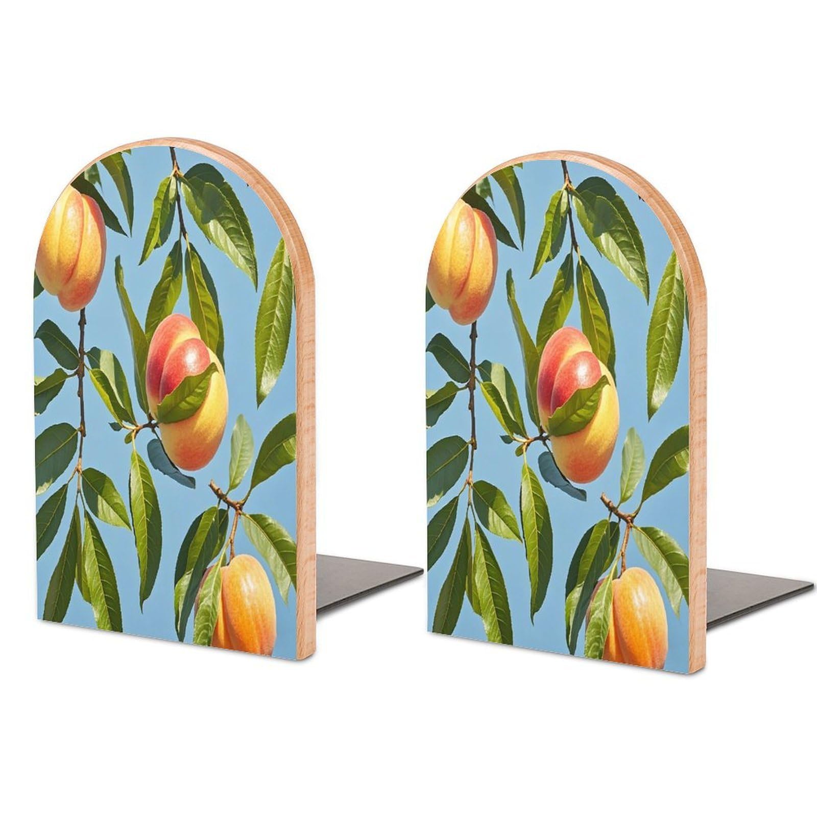 with Peach Leaves Bookend for Shelves Unique Book End Sturdy Books Holder Heavy Duty Wooden Bookends Support Non-Slip Book Organizers Decorative Modern Bookend Holder for Home