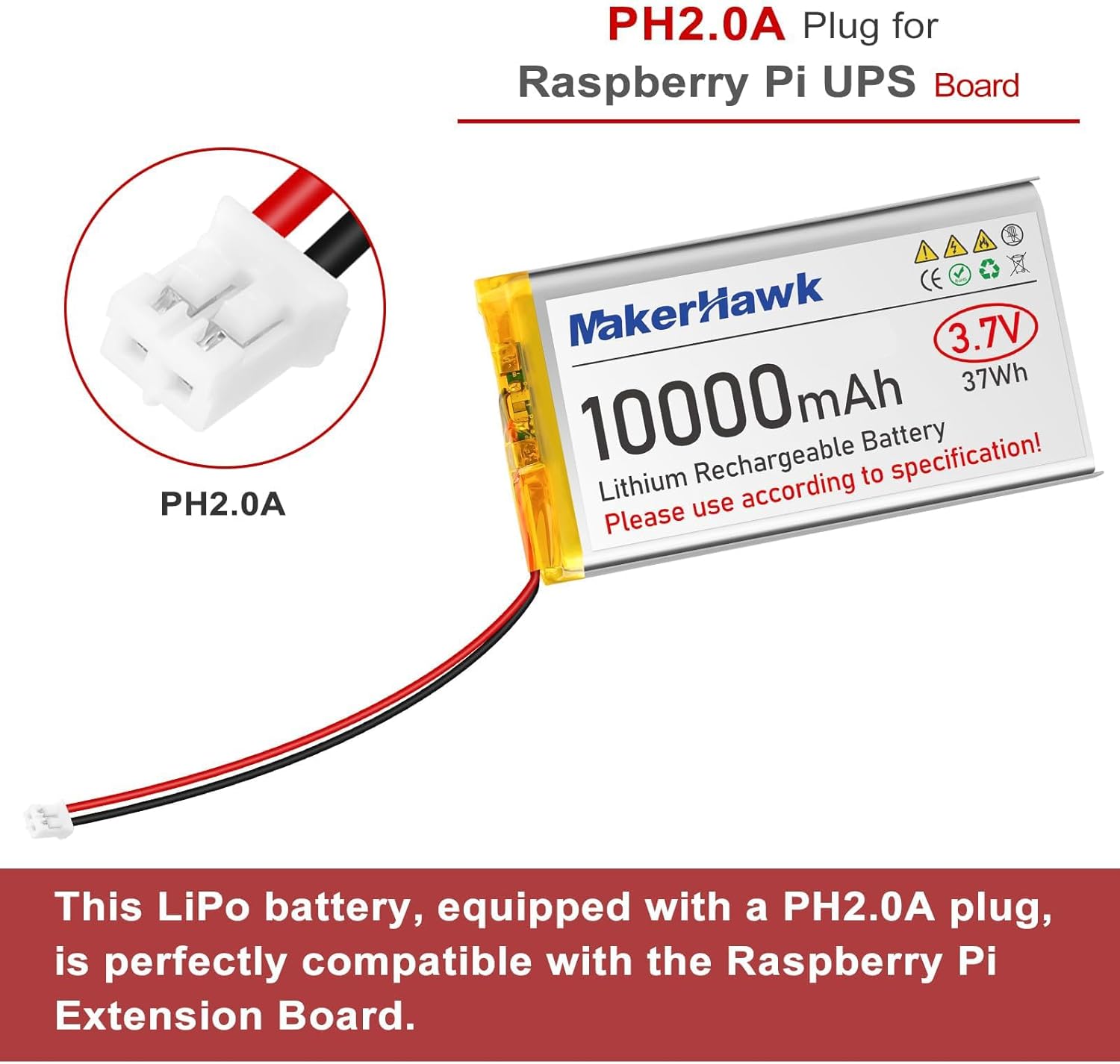 MakerHawk 3.7V 10000mAh LiPo Battery Rechargeable 1S 3C Lithium Polymer Batteries with Protection Board Insulated Rubber Tape, PH2.0 Plug for Arduino ESP32 Board RPI UPS (2 Pack)