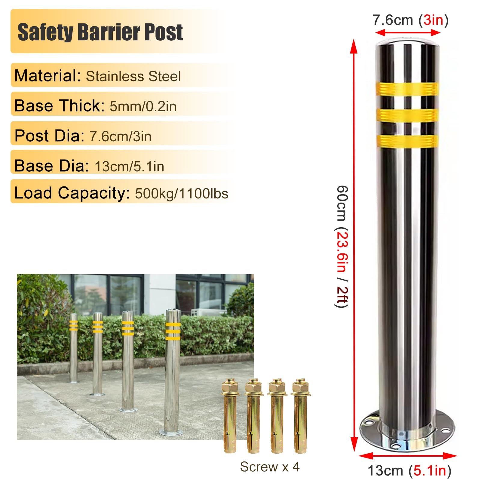 HDYZJQ 24 Inch Stainless Steel Bollard Post with Reflective Strips, Parking Blocker Barriers Safety Bollards for Parking Lots Driveways Garage Pathway, Traffic Delineator Posts(Silver 2pcs)