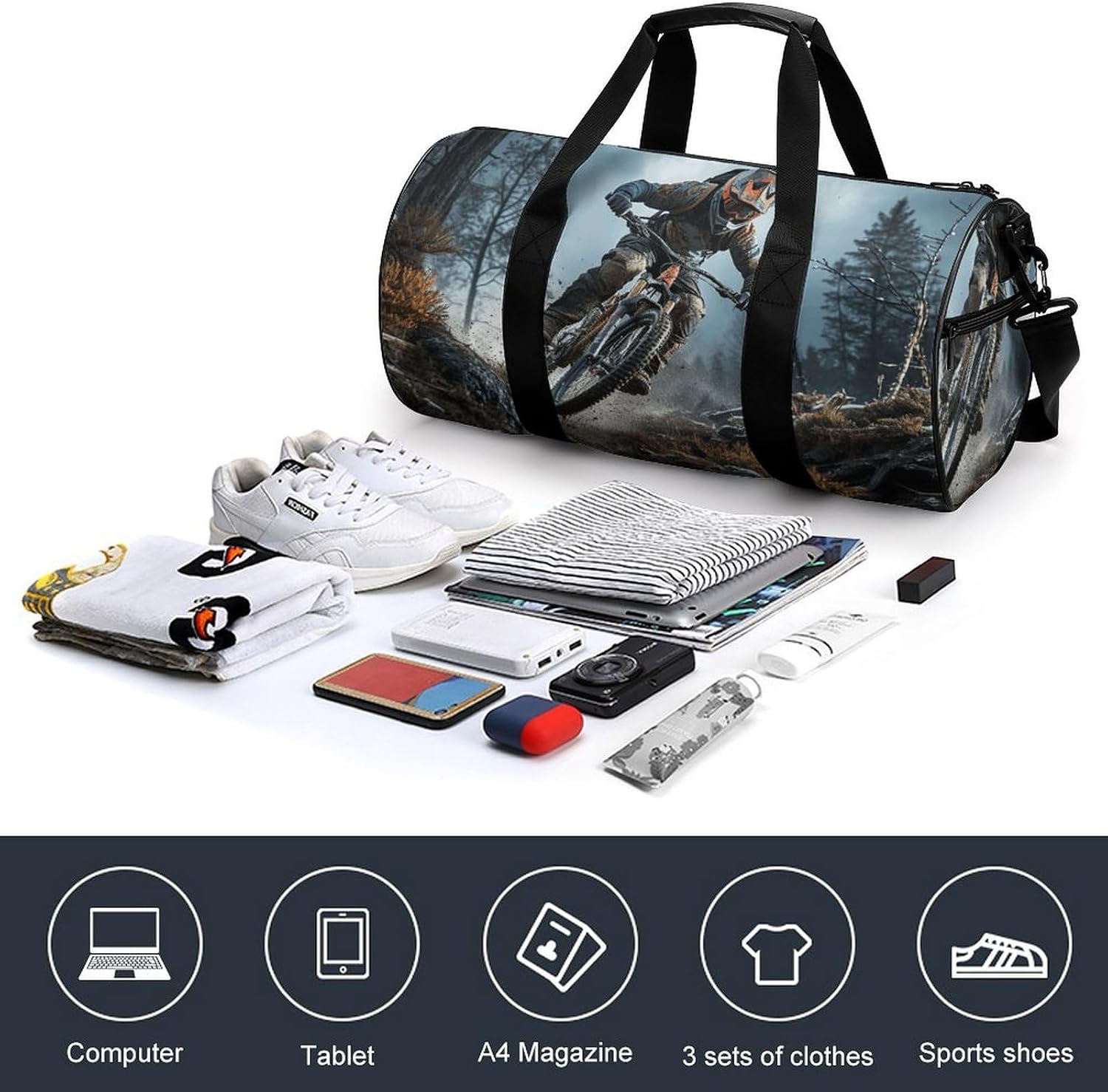Mountain Bike Tournament Gym Bag Hand-held Fitness Bags Cylindrical Fitness Bag with Shoe Large Compartment Duffle Bags for Travel Sports Unisex image 4