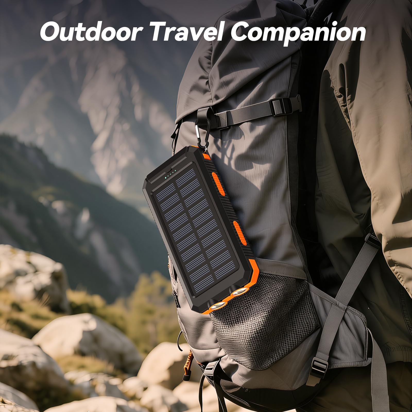 Vikeri Solar Power Bank 26800mAh, Portable Solar Charger, Portable Charger USB C Fast Charging Outdoor with Flashlight 4 Output Ports for Smartphones Tablets and More (Orange) — view 7