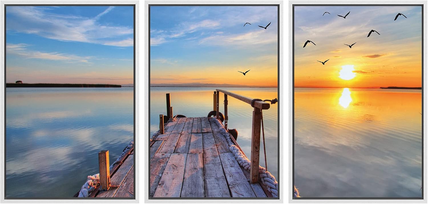 NWT Framed Wall Art Print Set Pier Extends into Sunset Sea Horizon Nature Ocean Photography Modern Art Nautical Landscape Colorful Ultra for Living Room, Bedroom, Office - 24"x36"x3 White