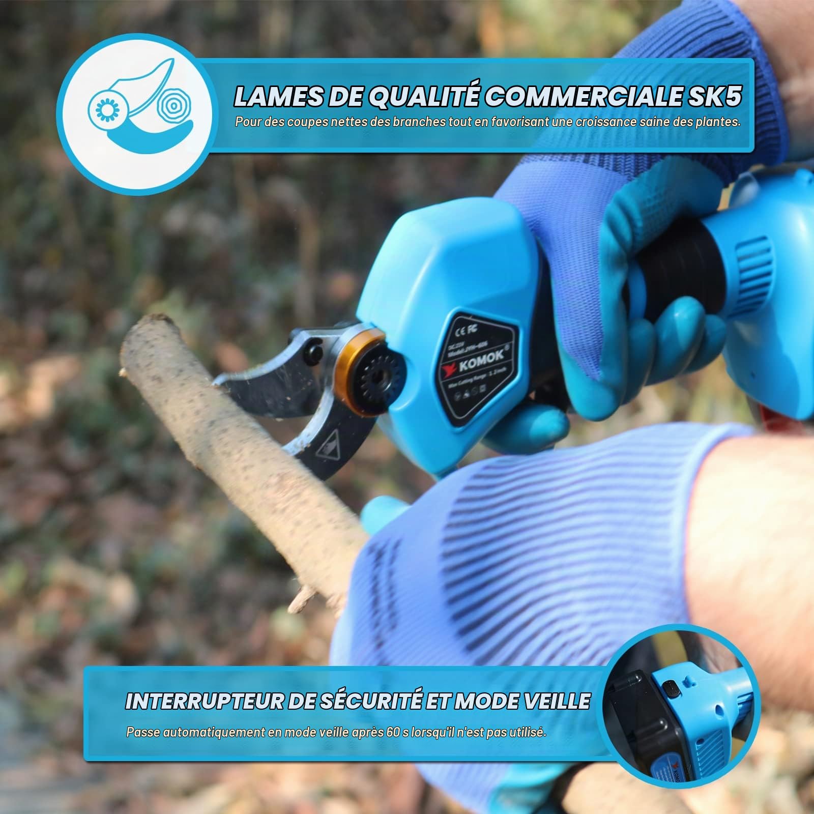 KOMOK Sécateur Électrique Sans Fil 30mm, 2 Batteries Rechargeables 2000mAh/21V, Sécateur de Jardin Professionnel avec Lames SK5/Moteur Sans Balais 600W/6-8 Heures d'autonomie - Blue
