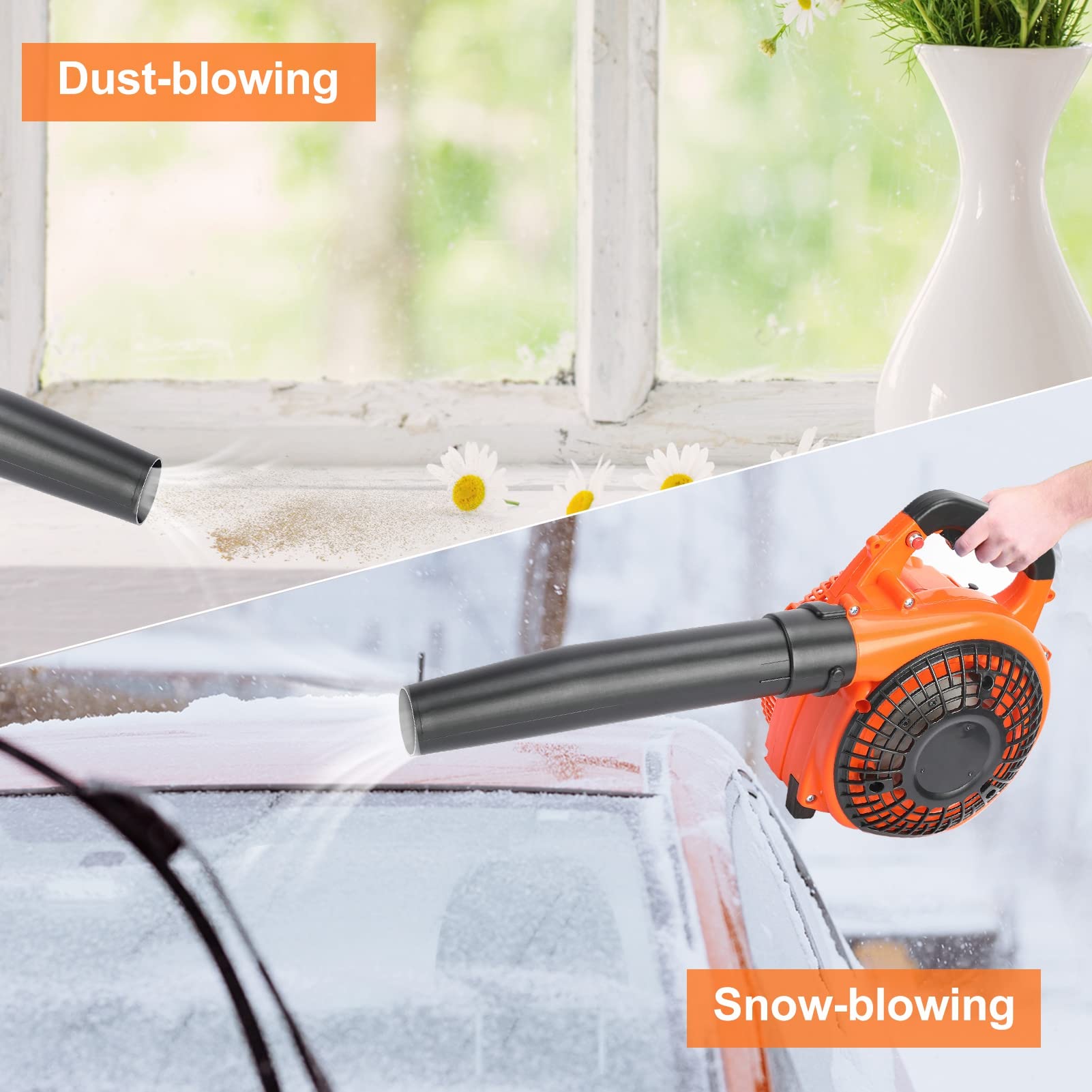 Soplador de hojas inalámbrico, 26 cc, aspiradora portátil de jardín y trituradora, soplador de hojas de gasolina para soplar hojas, nieve, polvo, PC, aspirar patio, naranja