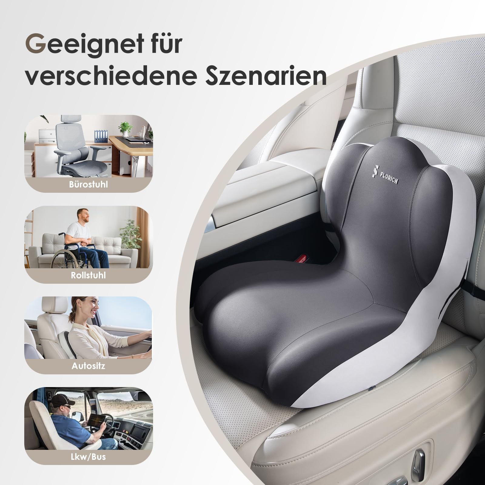 FLORICH Cuscino per Sedile Memory Foam Cuscino Lombare Sedia, Cuscino Ergonomico per Sedili di Auto, Sedie da Ufficio, Sedie a Rotelle, Grigio02
