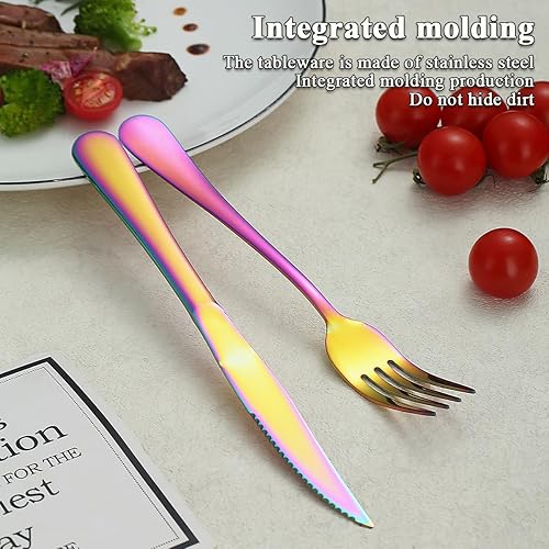 Miniatura 7 de Rainbow - Juego de 24 cuchillos para carne, acero inoxidable chapado en titanio arcoíris, 12 tenedores y 12 cuchillos de cena, cuchillos para carne,