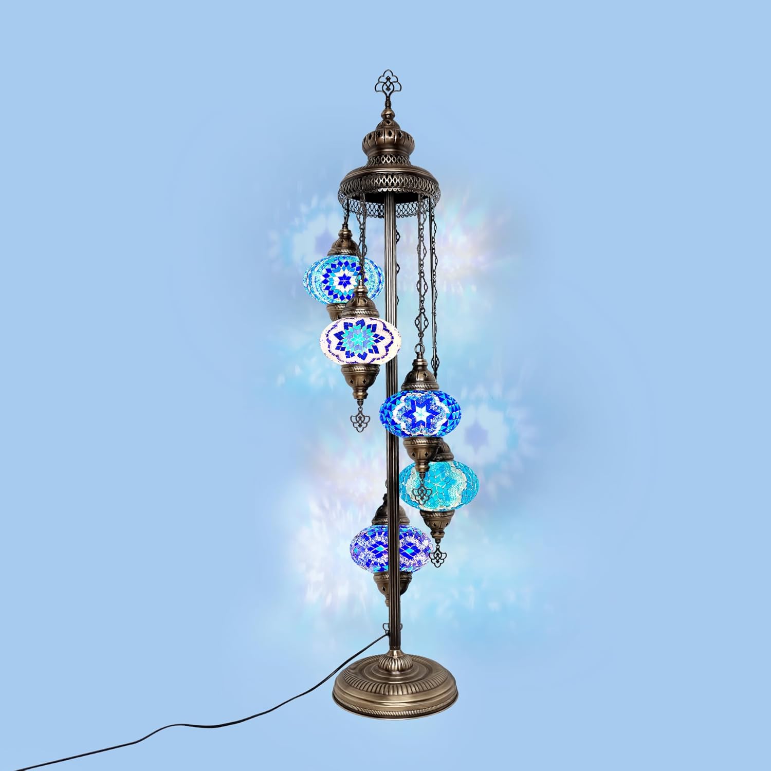 Turkish Mosaic Glass Big 7'' 5 Globe, Bohemian Floor Lamp with Stained Glass Shade - Unique Art Deco Corner Light - Moroccan Design - Tiffany Style Nightstand Lamp for Living Room (Blue Different)