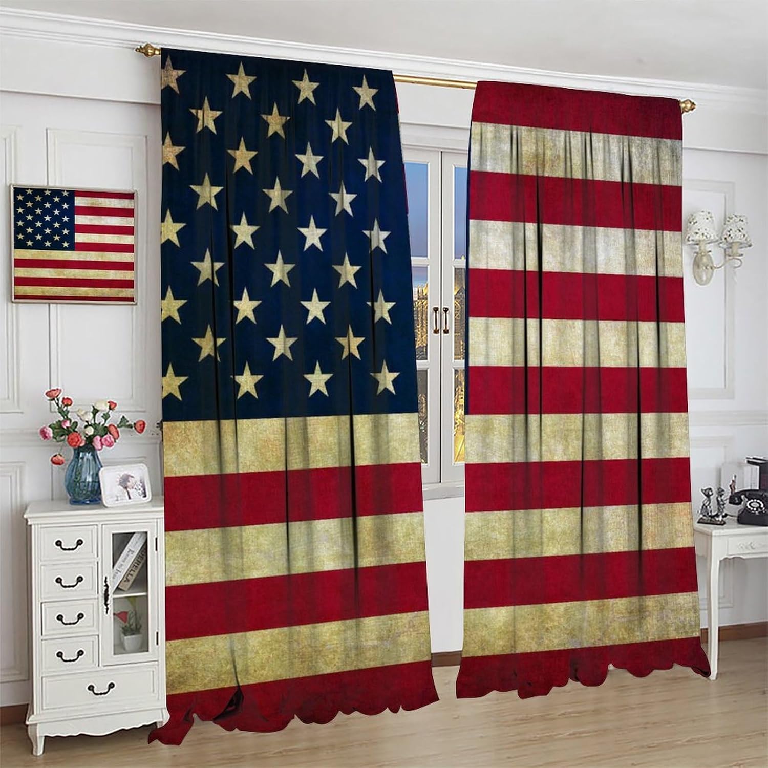 Retro USA Flag Blackout Curtains for Man Cave, Vintage Old Yellowed American Patriotic Backdrop Window Treatments, Rod Pocket Drapes for Boys Teens Bedroom, 42x45in