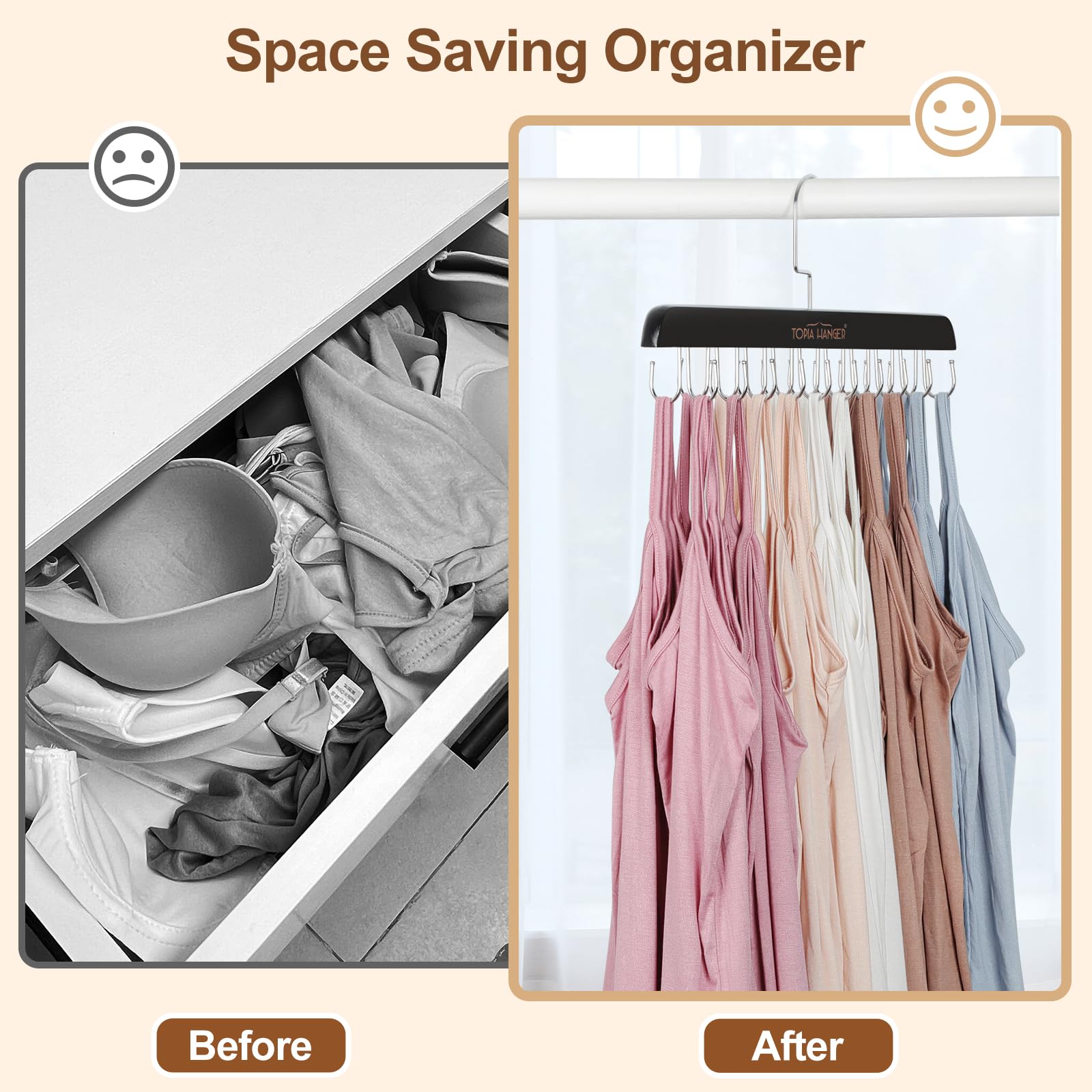 TOPIA HANGER CT46B - Percha de sujetador para armario, 20 ganchos de capacidad, plegable, de madera, ahorra espacio, organizador de armario para camiseta sin mangas, sujetador, bufanda, cinturón,