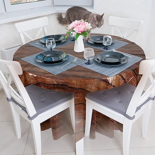 Miniatura 7 de Oudain 12 manteles redondos de grano de madera de 84 pulgadas, mantel de plástico rústico, impermeable, marrón occidental, desechable, vintage, para