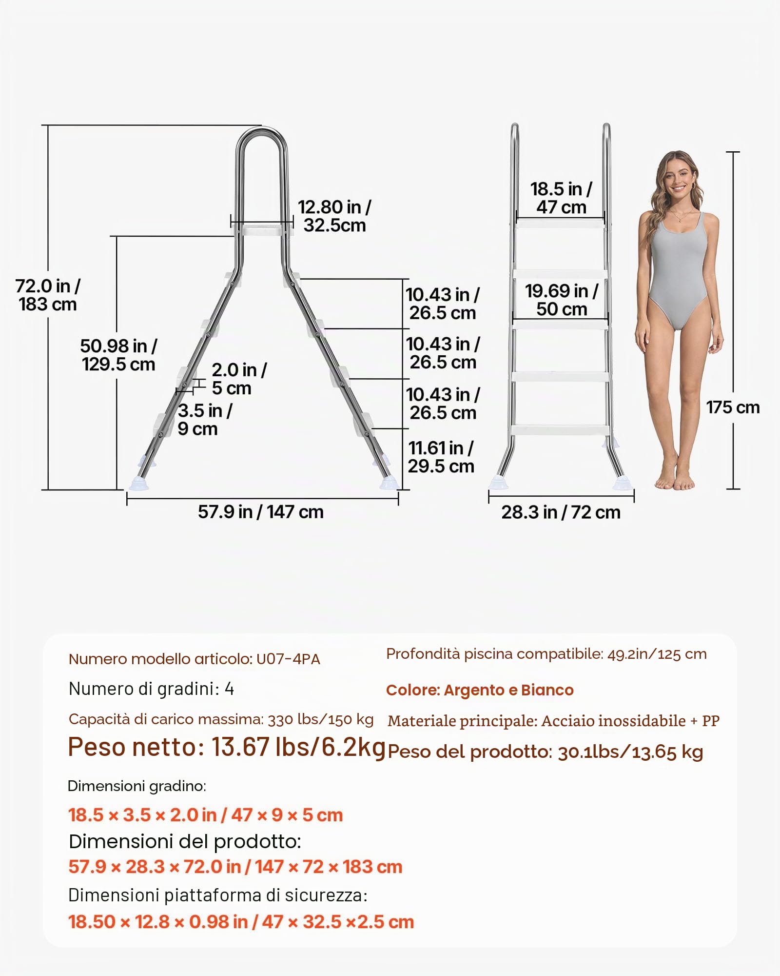 VEVOR Scaletta per Piscine Fuori Terra con Piattaforma, Scala di Sicurezza a 4 Gradini con Struttura ad A Stabile, Altezza 125 cm, Telaio in Acciaio Durevole, Gradini Larghi Antiscivolo, Portata 150kg