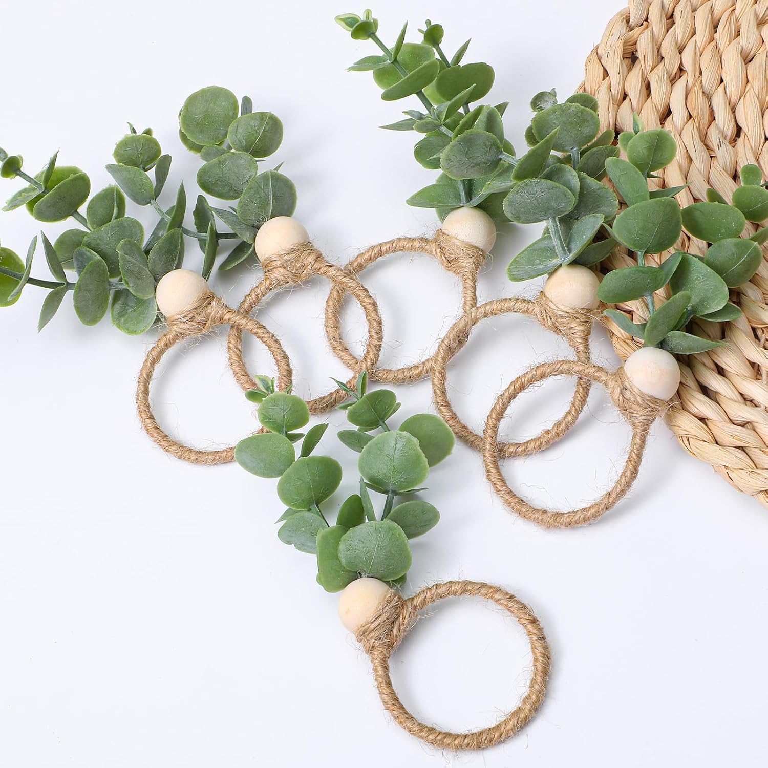 30 Pcs Eucalyptus Leaf Napkin Rings, Farmhouse Boho Napkin Holder with Wood Bead & Jute Rope for Spring Easter Wedding Christmas Party Table Decoration