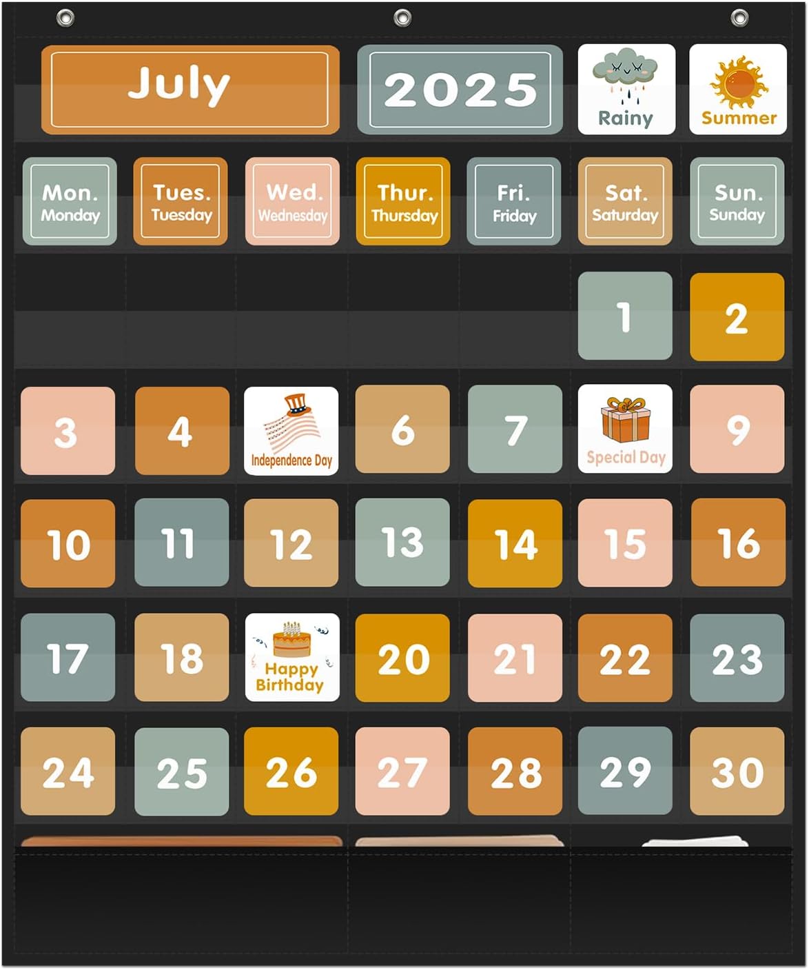 REGELETO Boho 46+3 Pockets Calendar Pocket Chart with 92 Cards for Classroom,Large Size: 28.75 x 24 inch Black Monthly Calendar and Weather Pocket Chart for Kids Learning for Home or Kindergarten