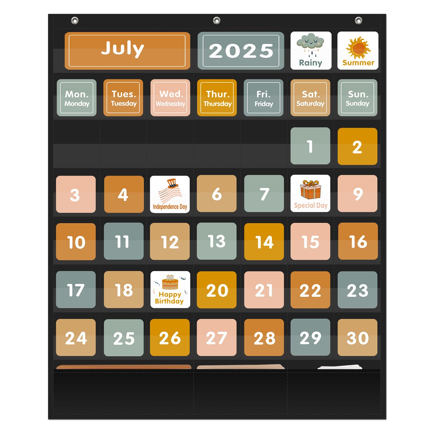 REGELETO Boho 46+3 Pockets Calendar Pocket Chart with 92 Cards for Classroom,Large Size: 28.75 x 24 inch Black Monthly Calendar and Weather Pocket Chart for Kids Learning for Home or Kindergarten
