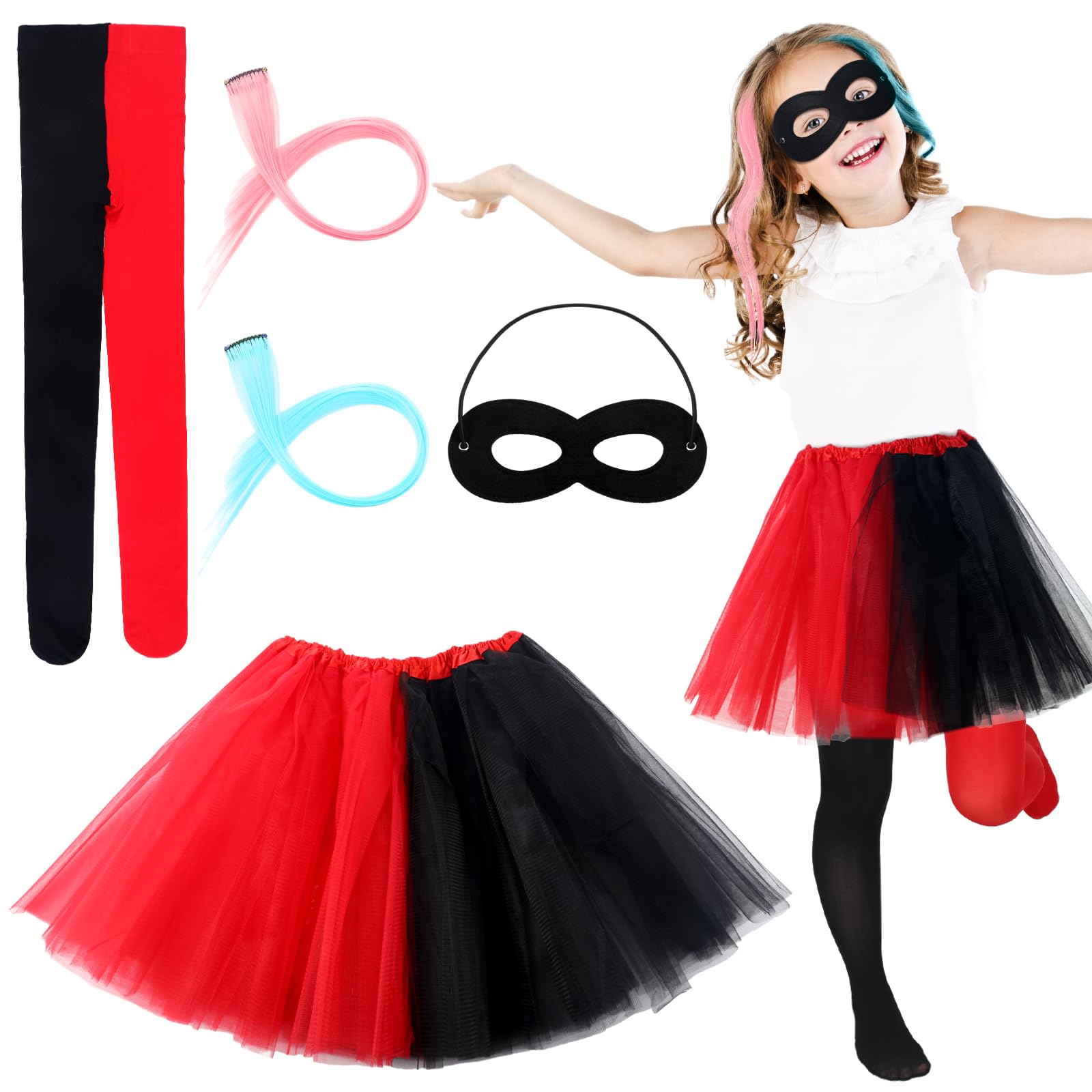 Janmercy 5 Pcs Halloween Costume Accessory Set for Women Girls Includes Black and Red Tutu Skirt Halloween Eye Mask Thigh High Socks Pink and Blue Hairpieces for Halloween Cosplay Party Supplies