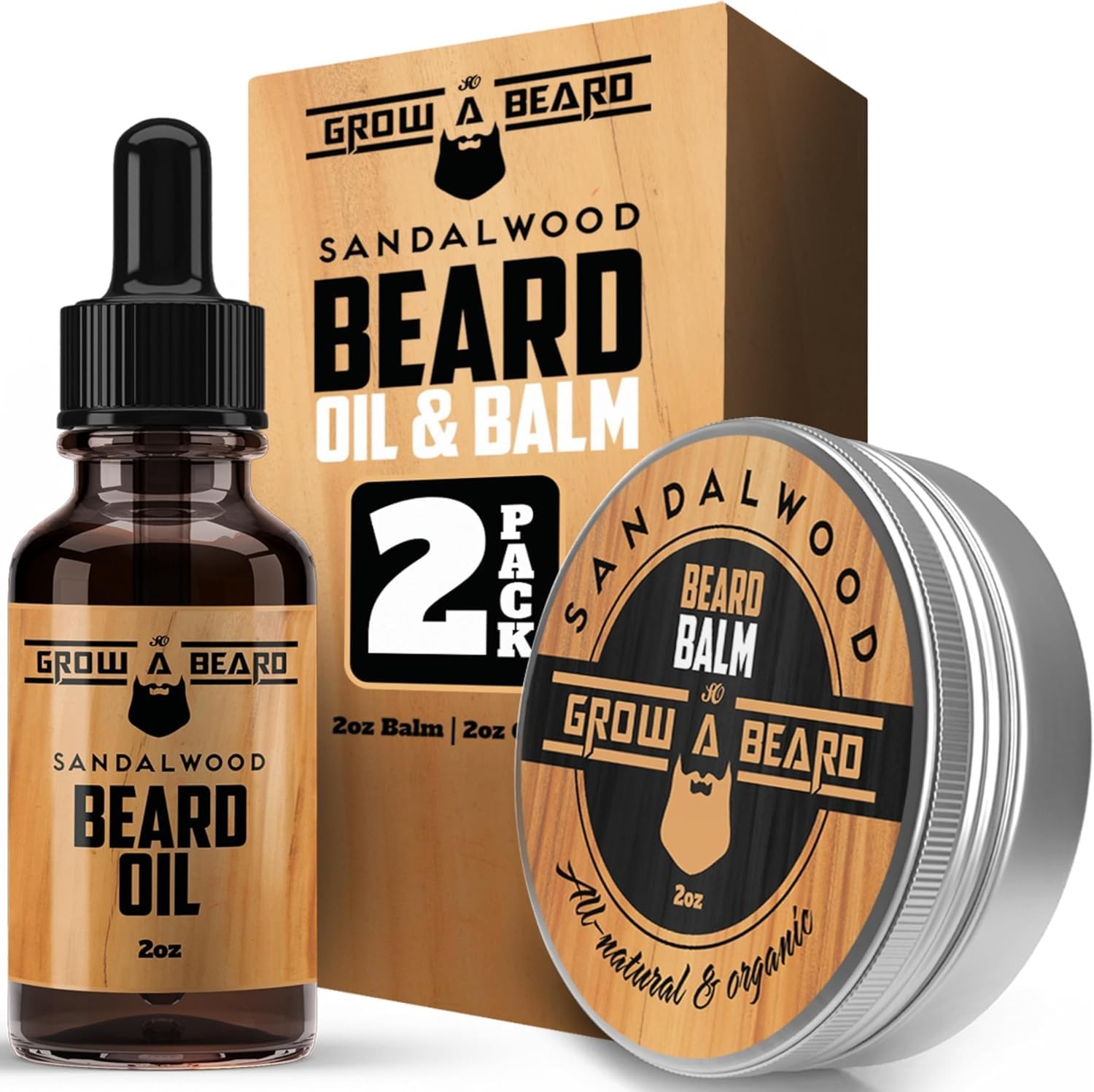 Beard Oil and Balm Set for Men - All-Natural Sandalwood & Citrus Scent, For Beard Growth and Care (2 Pack of 2 oz)