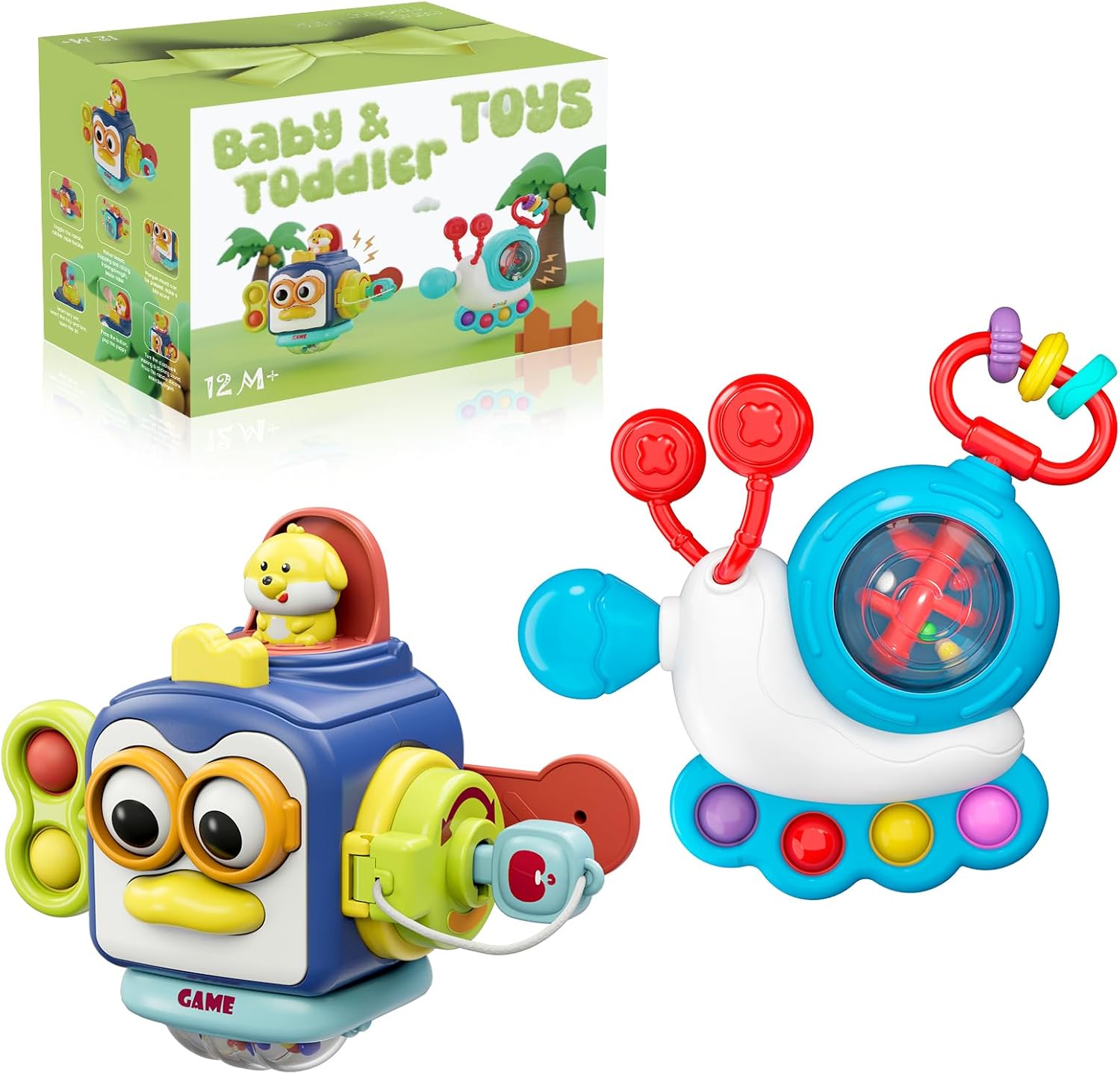 Montessori Toys for 1 Year Old & Toddler Toys, Travel Activities Busy Board Cube, Pull String Sensory Toys, Motor Skills Toys,Baby Gifts for 12 18 Month, Educational Learning Toys 2PCS