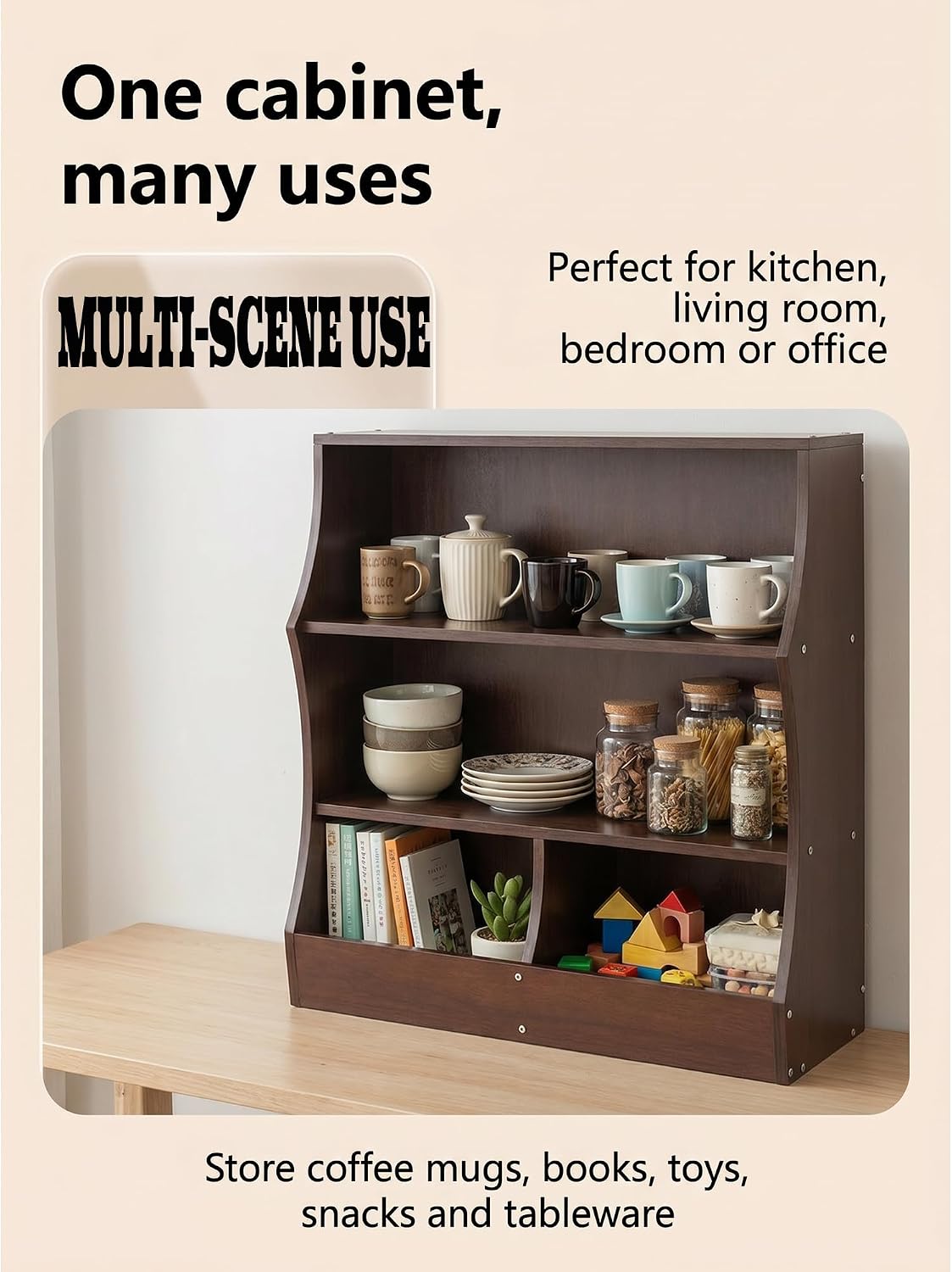 3 tier Coffee Mug Display Rack, 18" x 20" spice rack,storage shelf, Wood Countertop Organizer for small kitchens, pantries and coffee corners (Black Walnut)