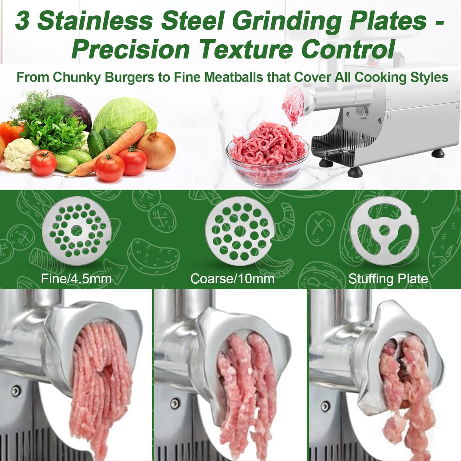 Meat Grinder Heavy Duty Electric,Commercial Meat Grinder #8 for Home Use Deer Processing Best Stainless Steel 2800W Max with 3 Grinding Plates 3 Sausage Stuffer Tubes 1 Pusher 2 Blades