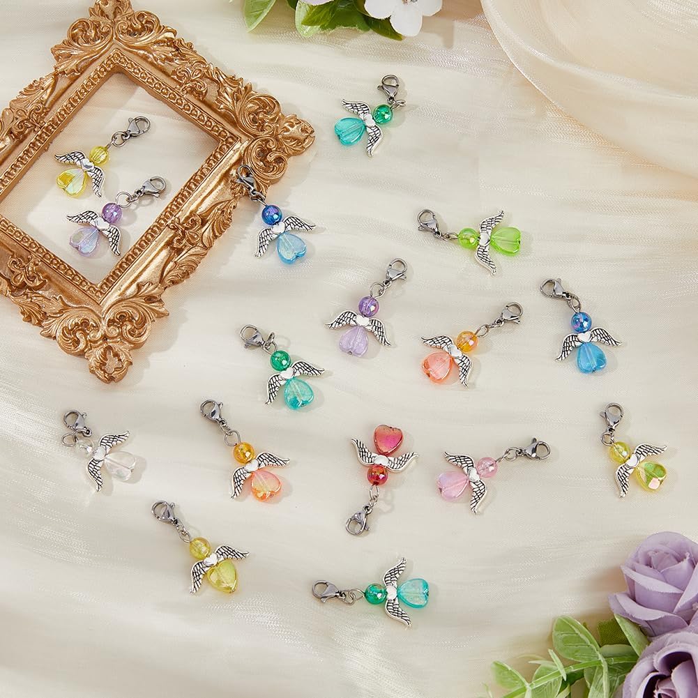 SUPERFINDINGS 36Pcs 9 Colors Angel Wing Clip on Charms Colorful Acrylic Beads Charm Transparent Heart Dangle Pendants with Lobster Claw Clasps for DIY Jewelry Making Findings Crafts Supplies - Image 5