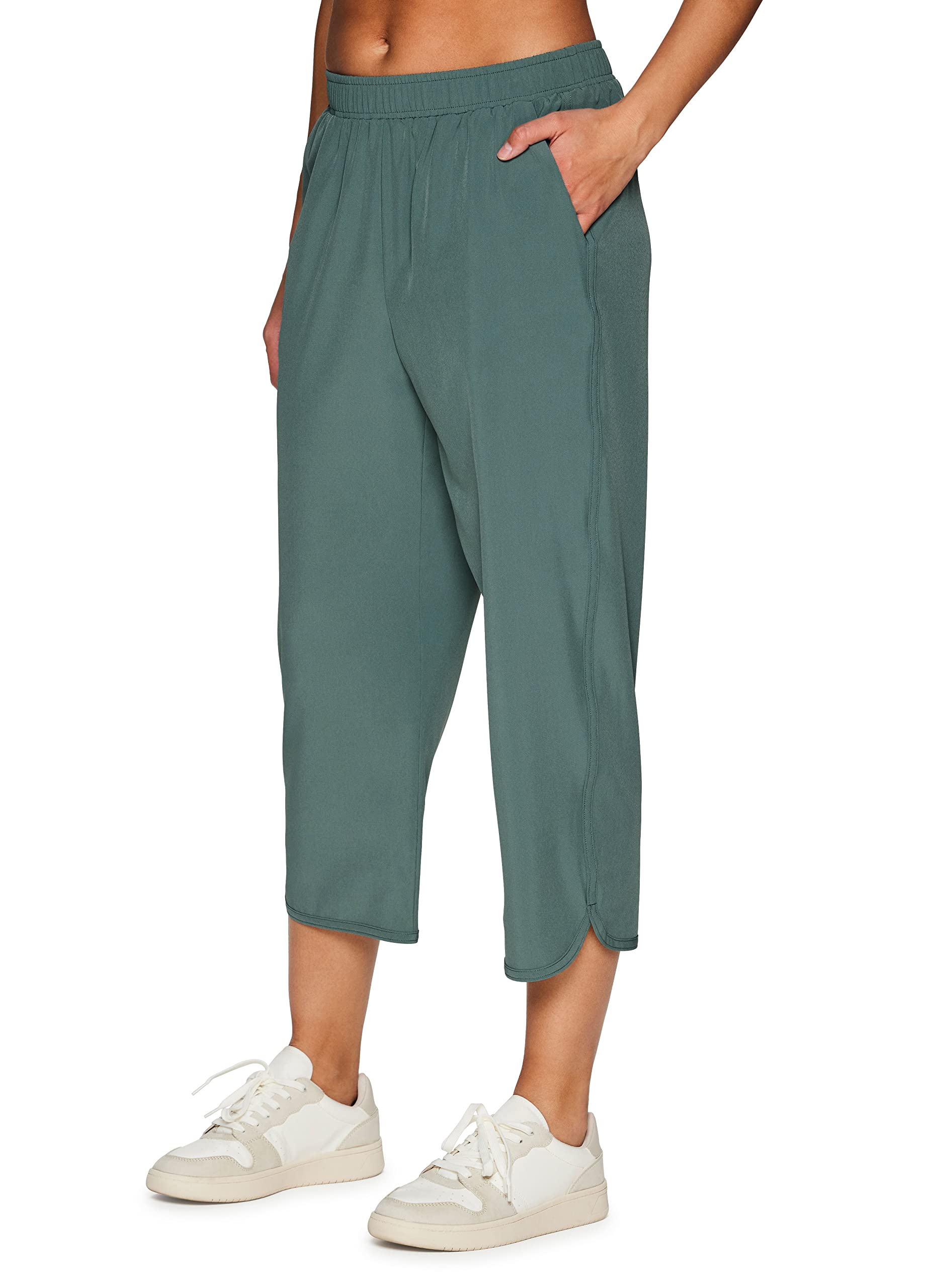 RBXActive Women's Relaxed Fit Lightweight Quick Drying Stretch Woven Pants with Pockets, Capri Sea Green, Small