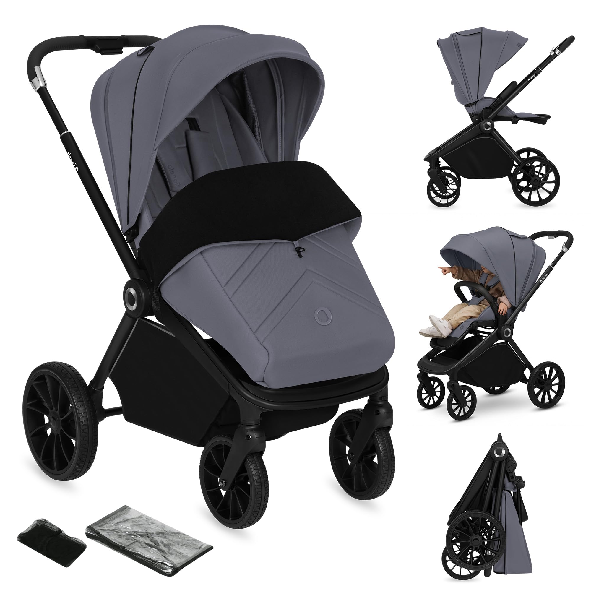 LIONELO Cochecito infantil MIKA PLUS de 6 a 48 meses a 22 kg, respaldo ajustable y reposapiés, amortiguación, ruedas giratorias de PU de 360 °, cabina impermeable XXL, UPF50+