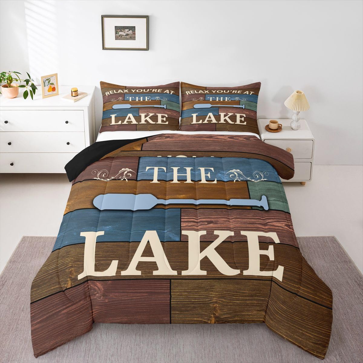 Lake Paddle Decor Comforter Set, Rustic Farmhouse Old Barn Bedding Full Size For Kids Teens Adult, Lake House Quilt Retro Wooden Stripes Texture Duvet
