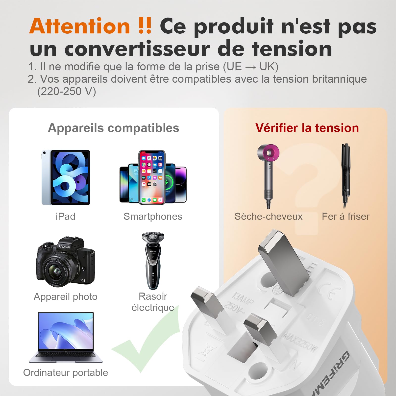 GRIFEMA Adaptateur Prise Anglaise avec Fusible 13A, Adaptateur Voyage France vers UK Type G pour Londres Angleterre Irlande Dubaï, Convertisseur Prise 2 Broches Europe vers 3 Broches UK, Lot de 2