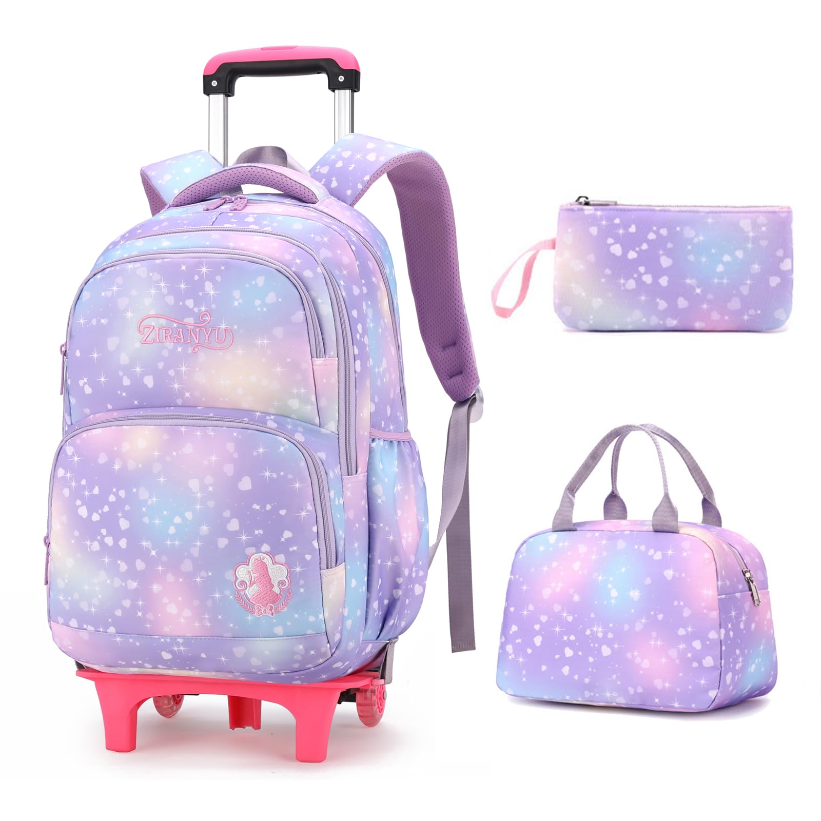 3Pcs Rolling Backpack for Girls Dream Princess Wind Bookbag with Wheels Travel Bag Trolley School Bag with Lunch Box Purple