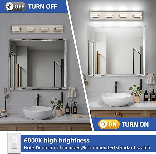 Miniatura 4 de SOLFART Luces de tocador de baño, iluminación LED de níquel cepillado, luz LED de baño para baño, 4 luces de tocador sobre el espejo, luz fría 6000K