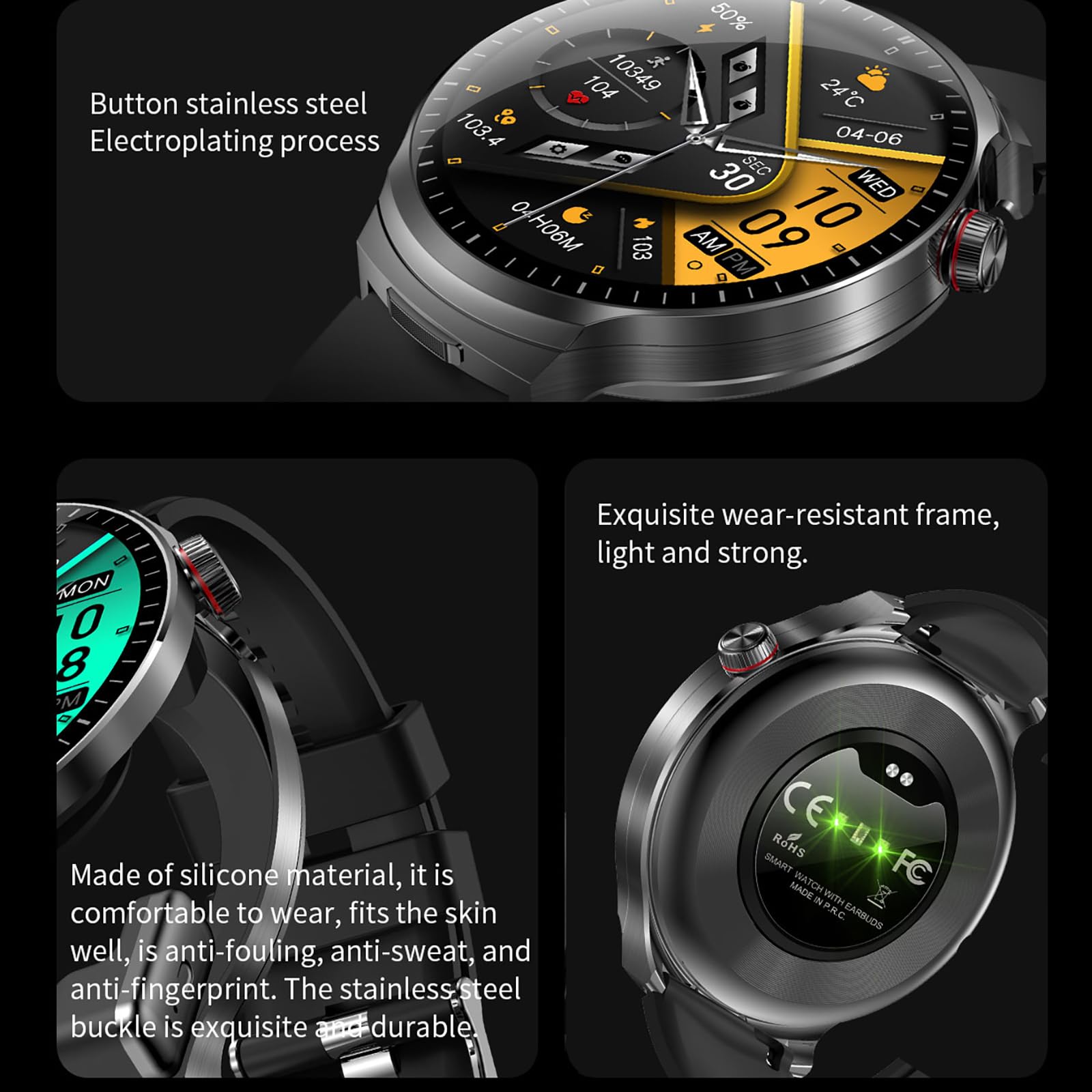 Smart Watch with Bluetooth Earbuds, 1.85-Inch Round HD Screen, Military Style, IP67 Waterproof, 100+ Sports Modes, Heart Rate Monitor, Sleep Tracker, Music Control